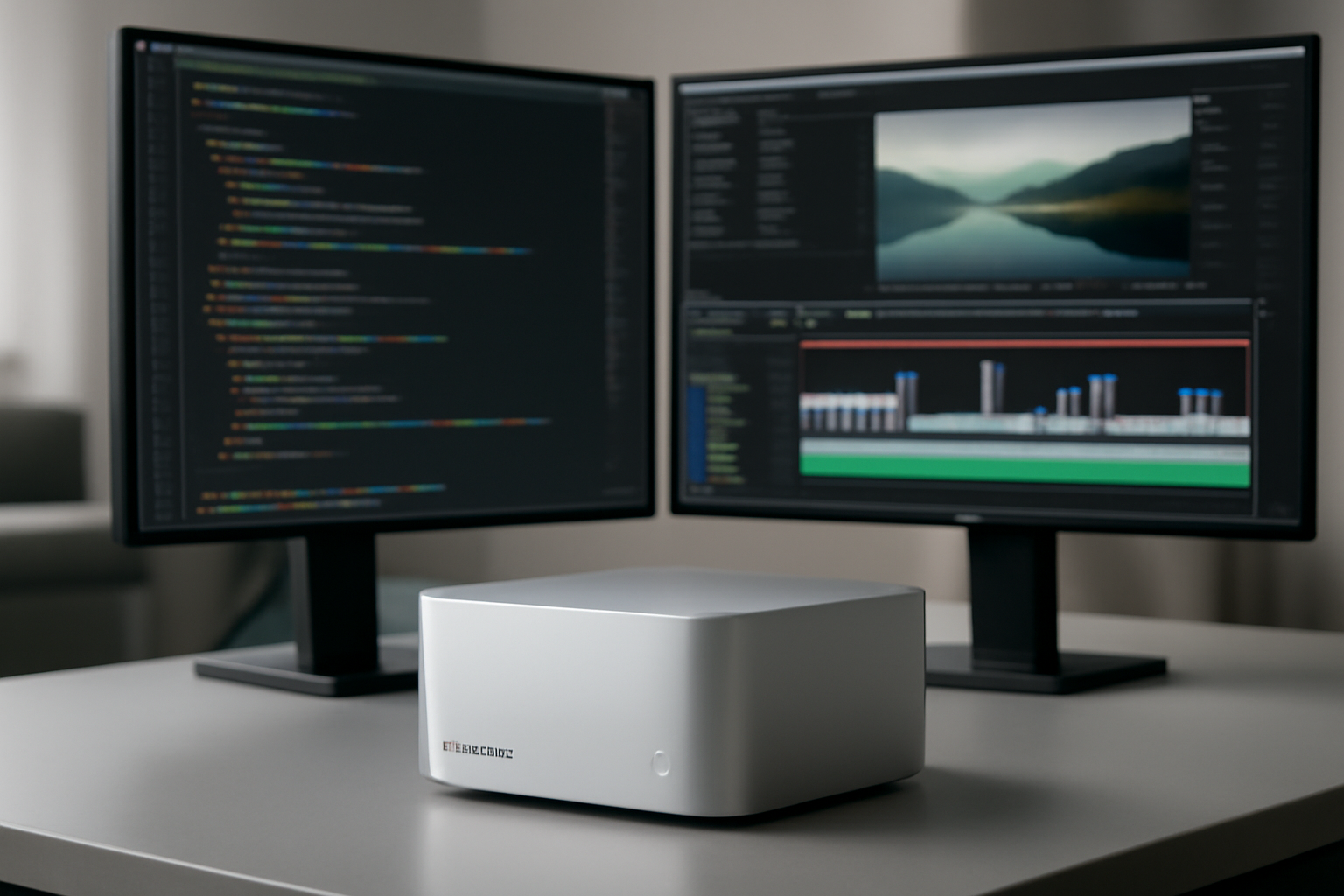 Mac Studio desktop computer running AI coding software on a dual monitor setup