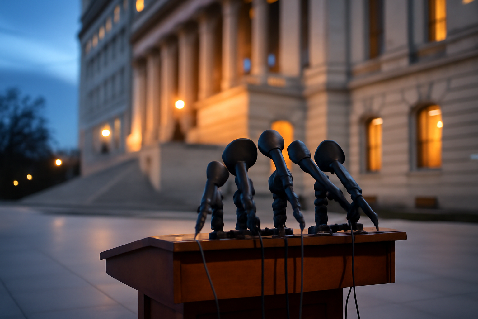 Capitol Hill press microphone setup outside the U.S. House office buildings at dusk