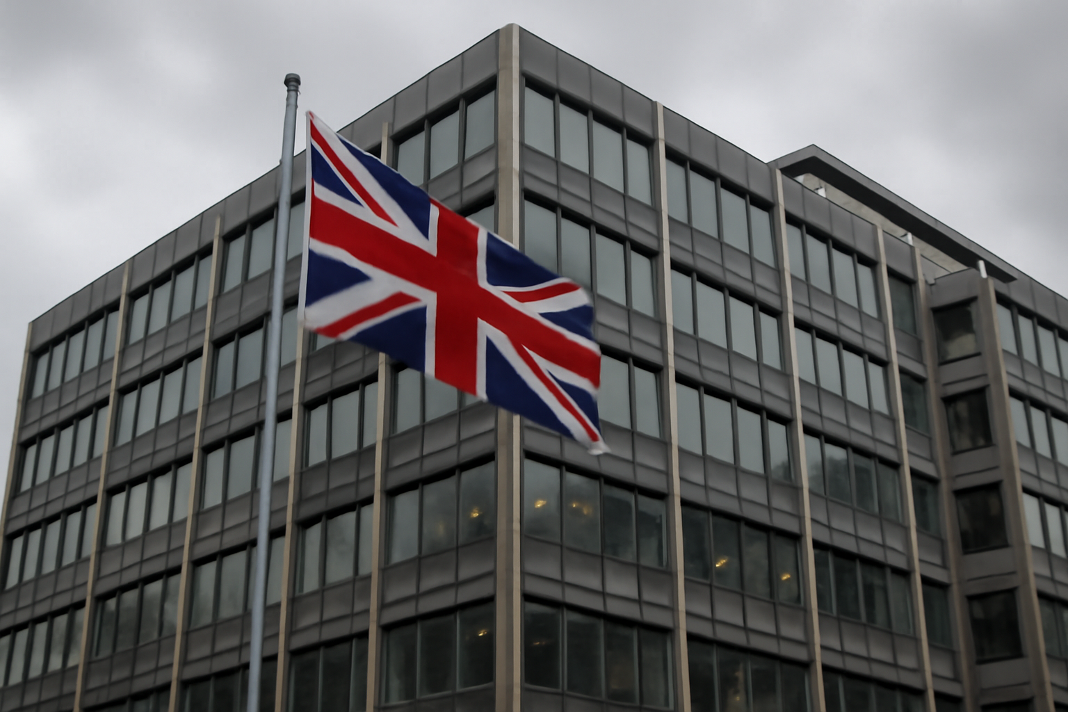 Exterior of a UK government regulatory building with a British flag against a cloudy sky