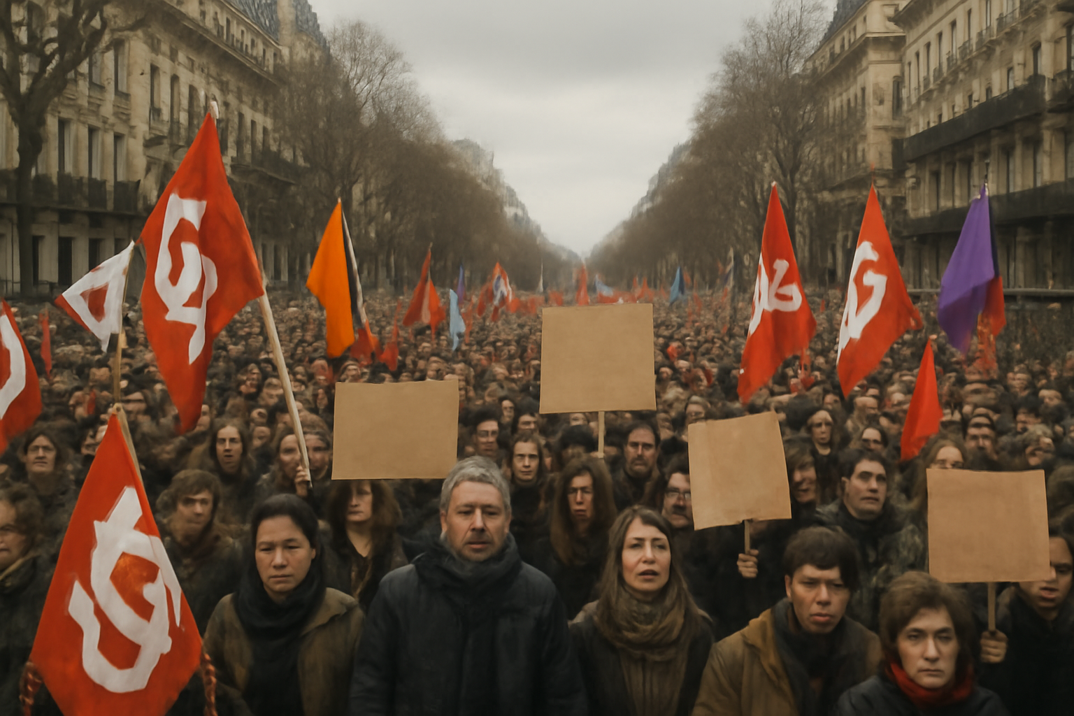 Crowds of demonstrators carrying union and student banners march through a French city street