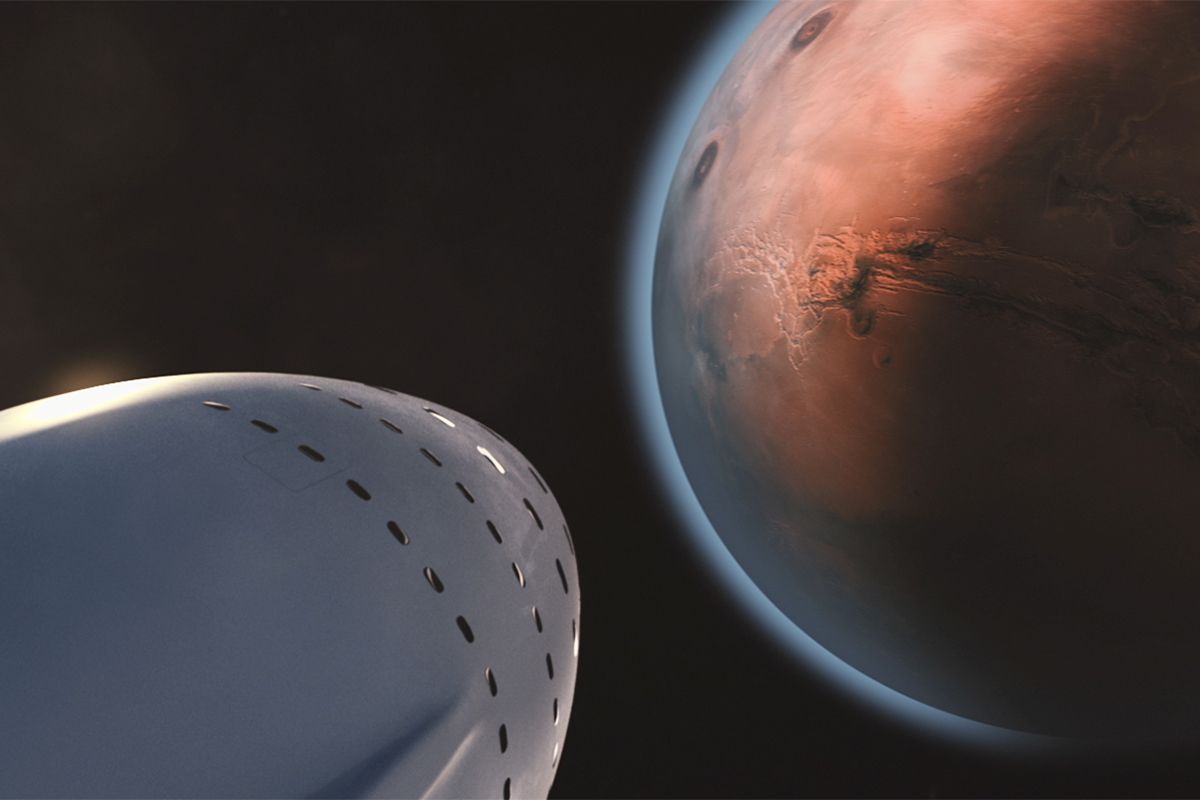 Long wispy cloud stretching across the Martian sky near a volcanic peak at sunrise