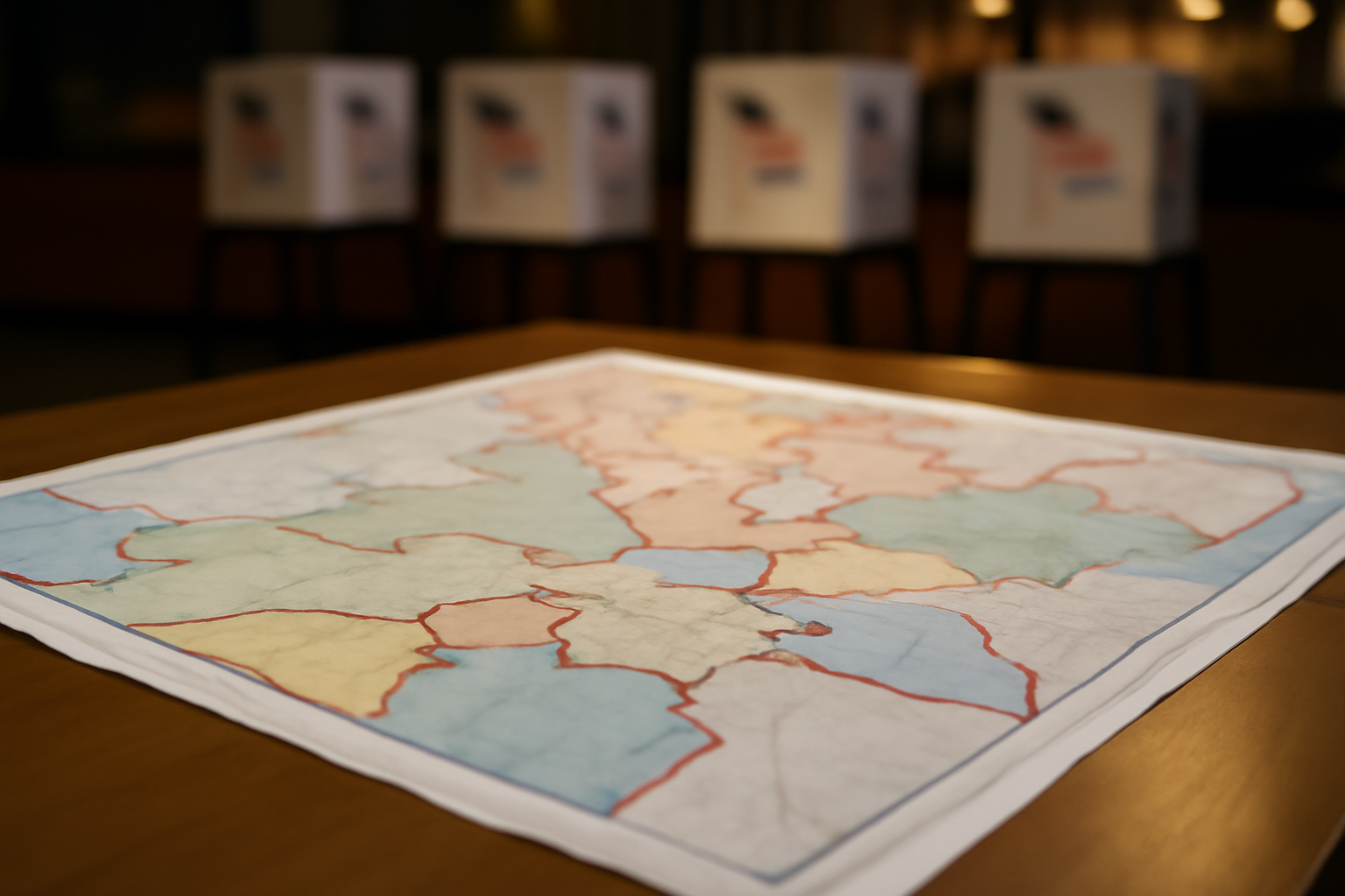 A U.S. House district map with redrawn boundary lines next to a row of voting booths