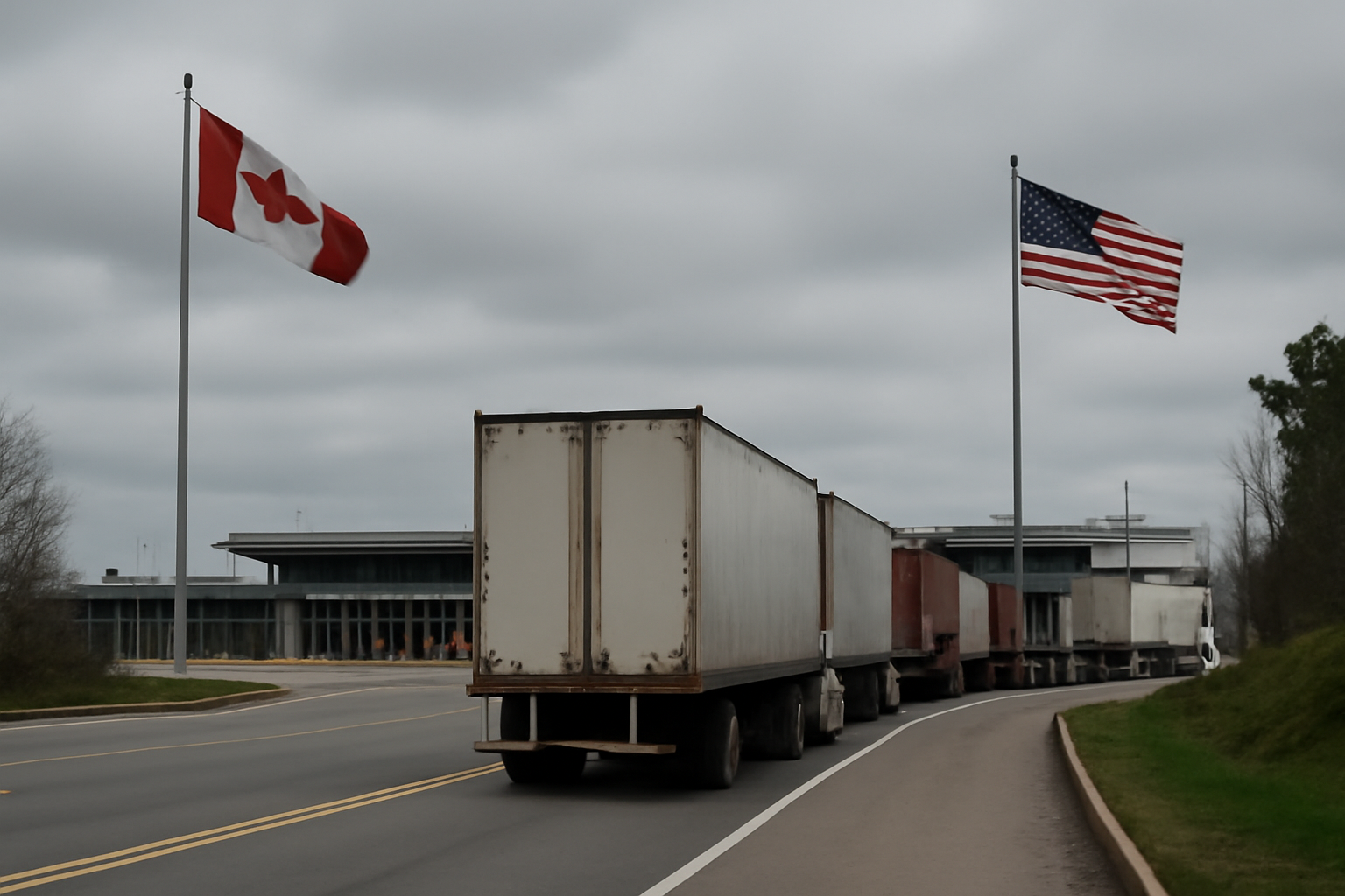 Cargo containers and a Canadian flag at a US-Canada border crossing checkpoint