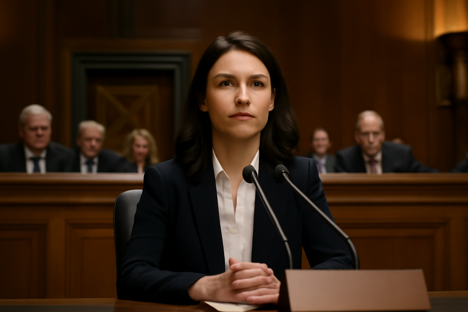 A nominee sits at a witness table facing senators during a Senate health committee confirmation hearing