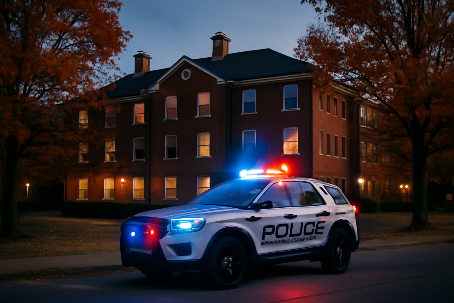 University of Mississippi campus building at dusk with a police patrol vehicle parked outside