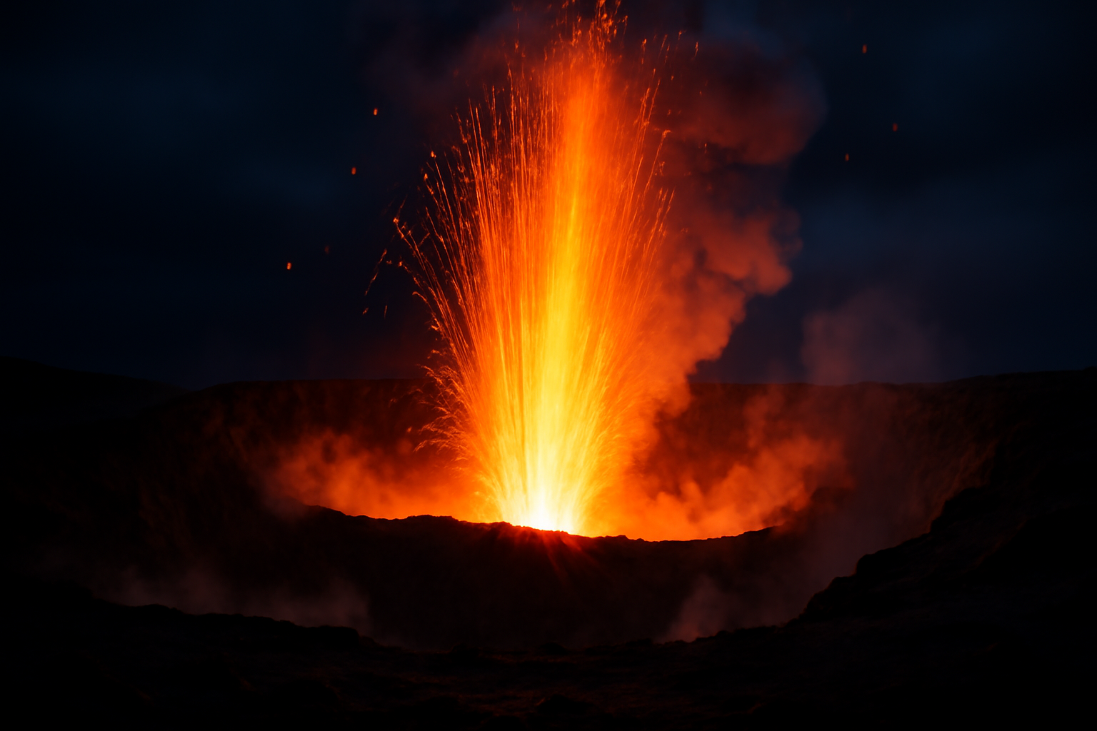 Lava fountain erupting at night from Kilauea volcano's crater in Hawaii