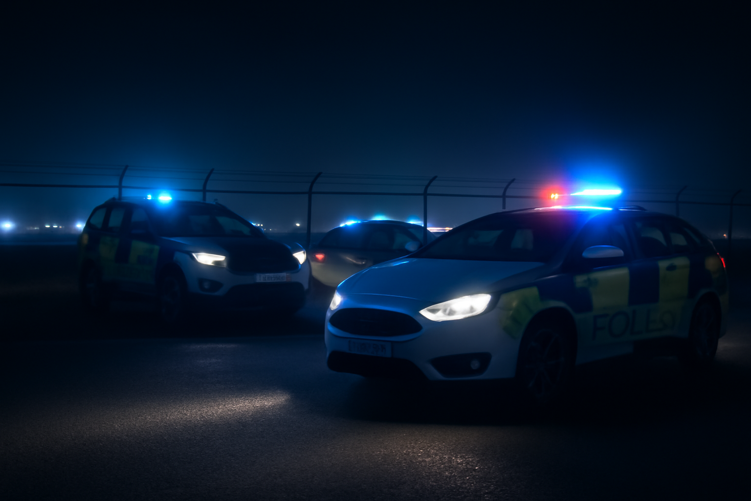 British police vehicles parked near a fenced military airfield perimeter at dusk