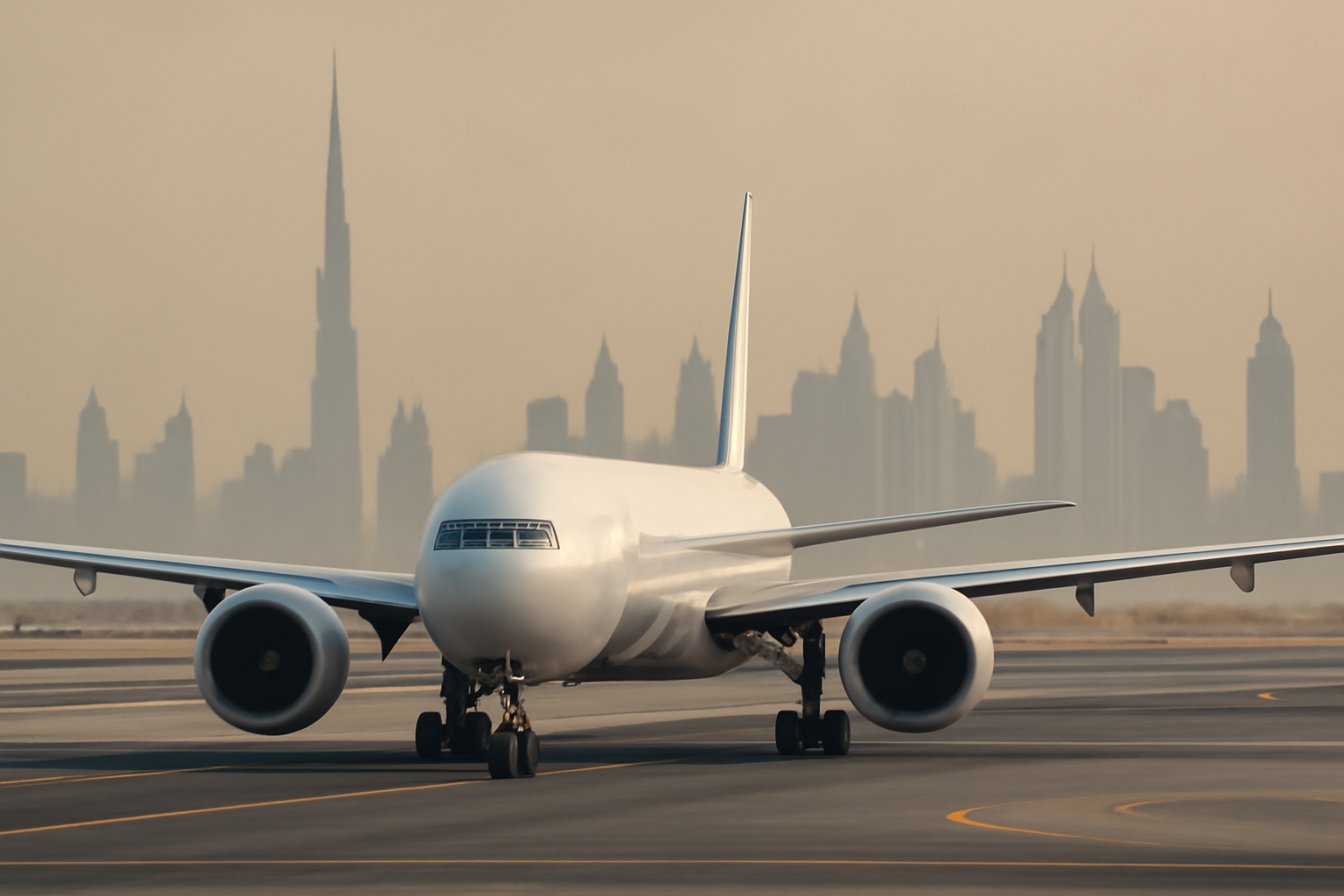 FlyDubai aircraft on tarmac with Dubai skyline in the background under hazy light