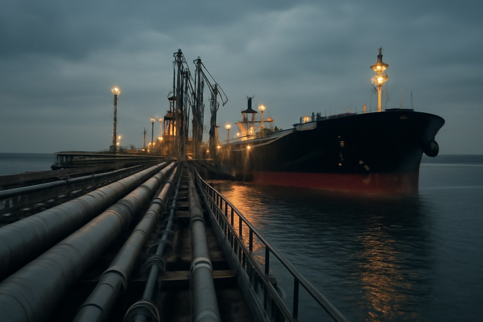 Oil tanker docked at an export terminal with pipelines and cranes under overcast sky