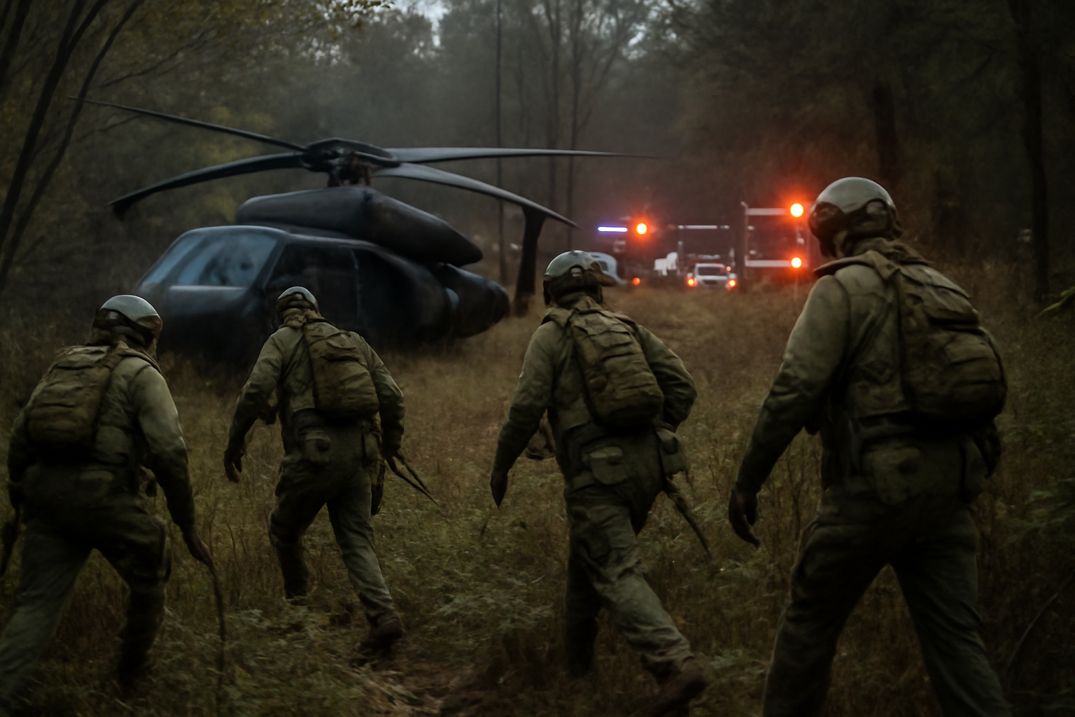 Search and rescue personnel near a military helicopter crash site in a wooded clearing