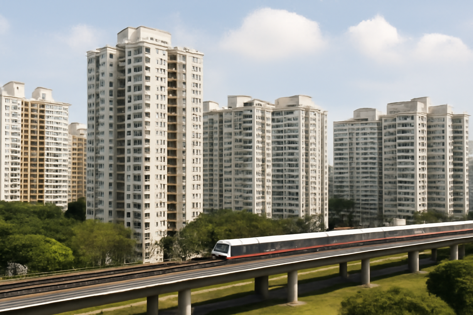 Rows of Singapore public housing apartment blocks near an elevated transit rail line