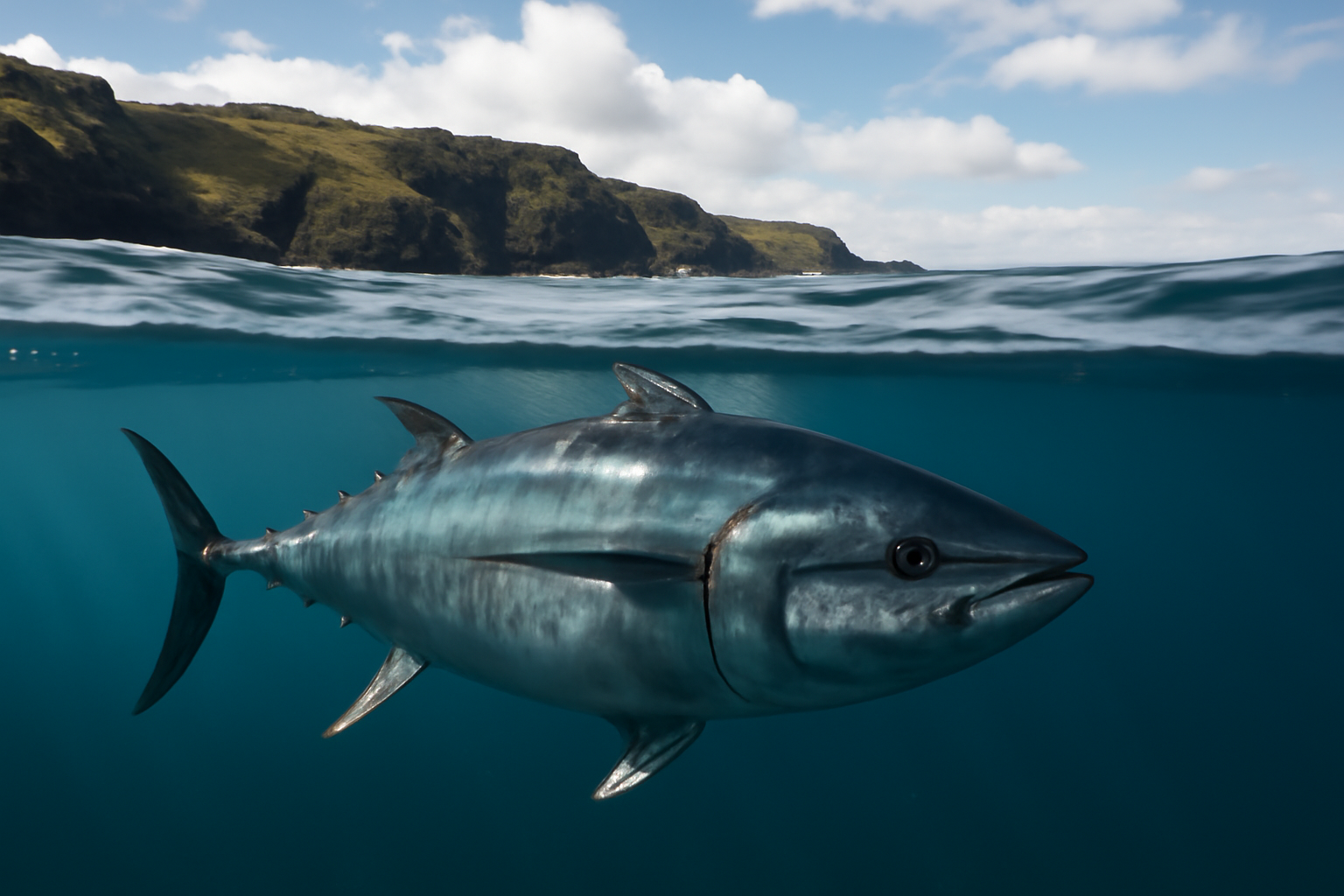 Bluefin tuna swimming in open water off a rocky British coastline