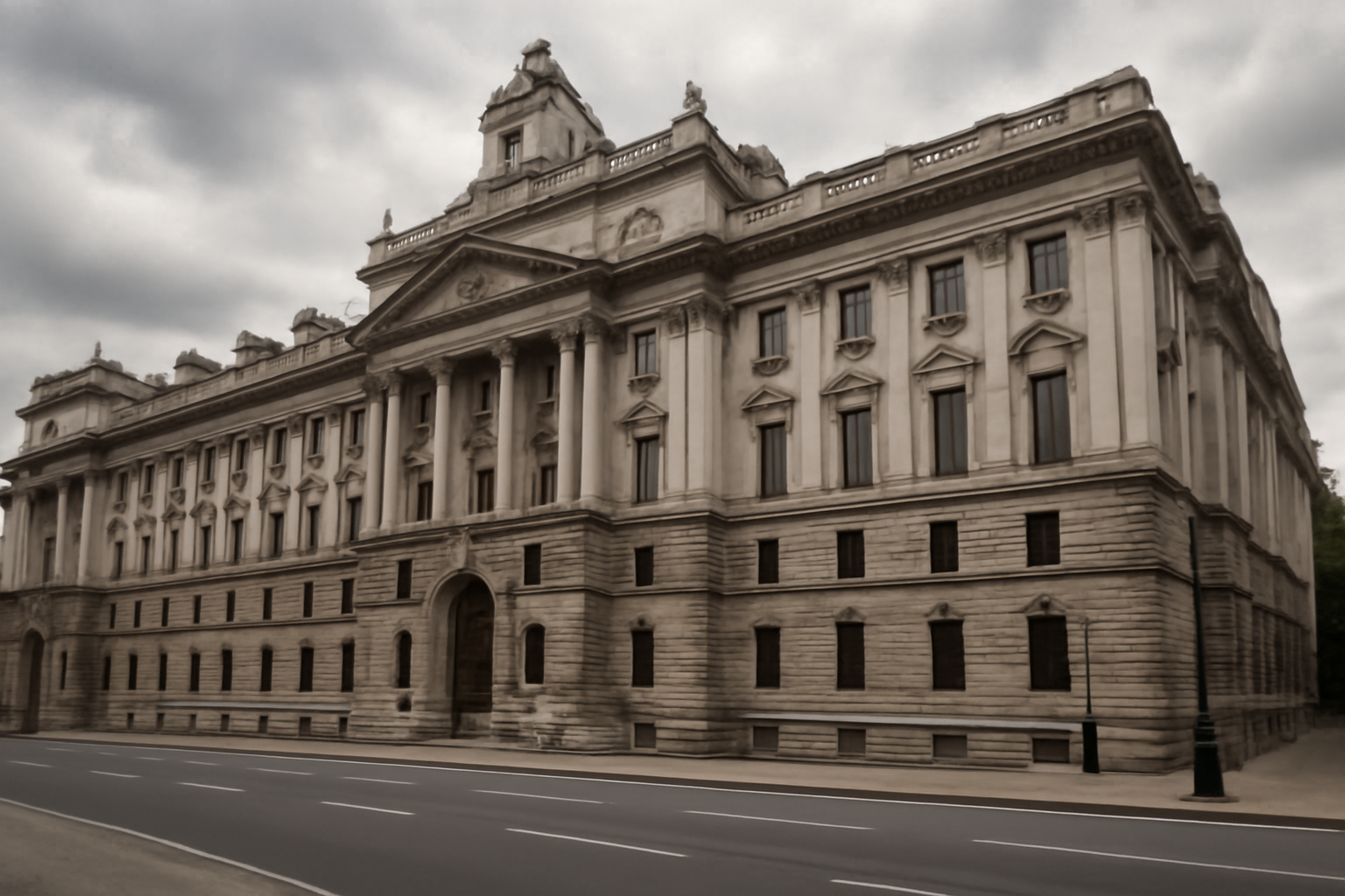 Exterior of HM Treasury building in London with overcast sky