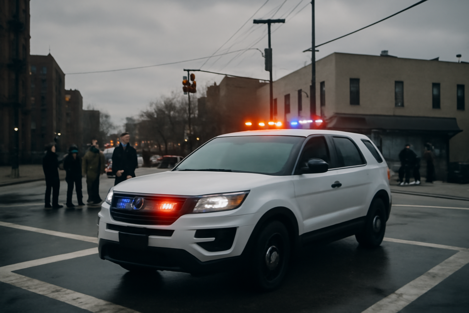 NYPD patrol car parked on a Bronx street corner near emergency responders