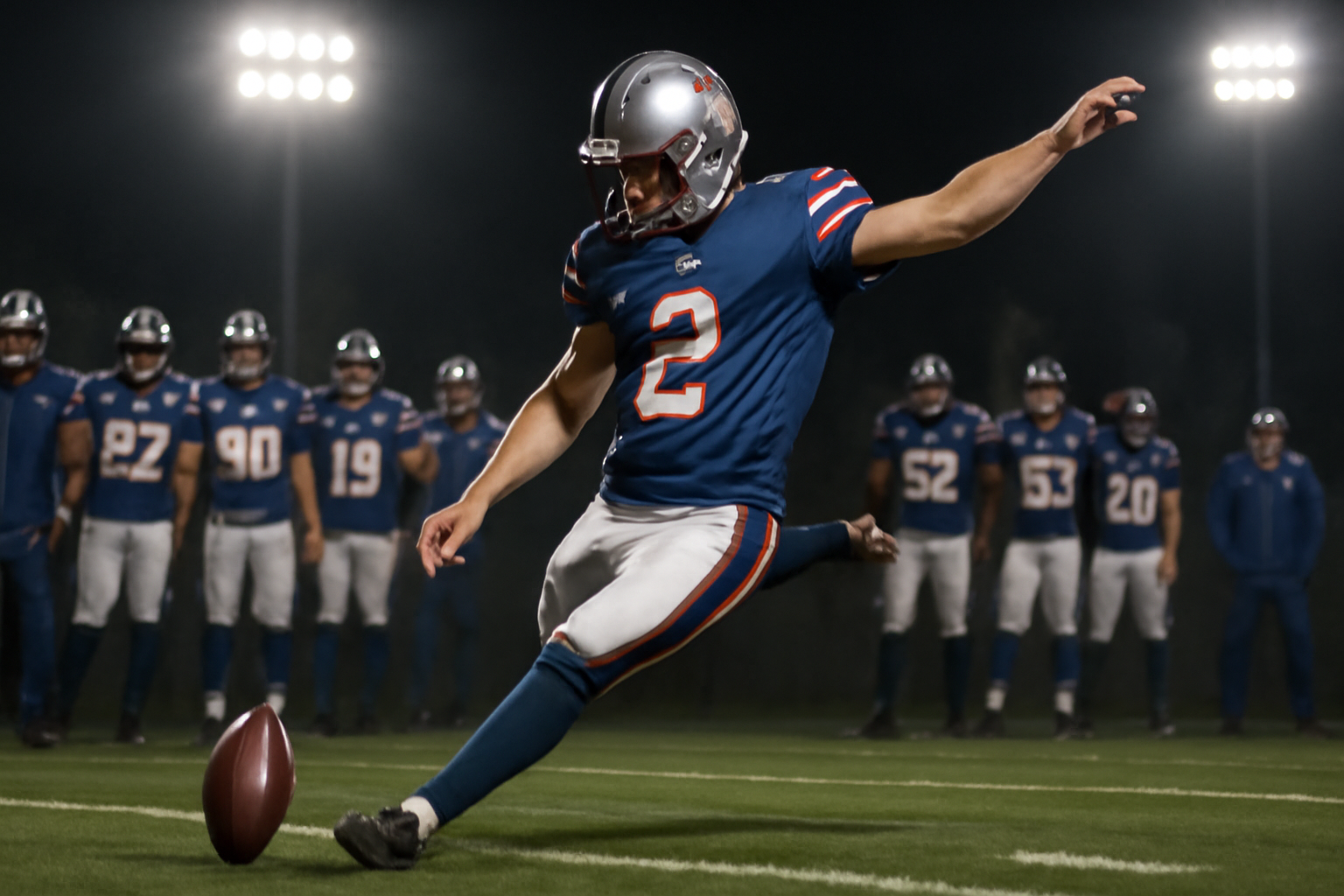 A kicker in a Buffalo Bills uniform follows through on a field goal attempt under stadium lights during overtime