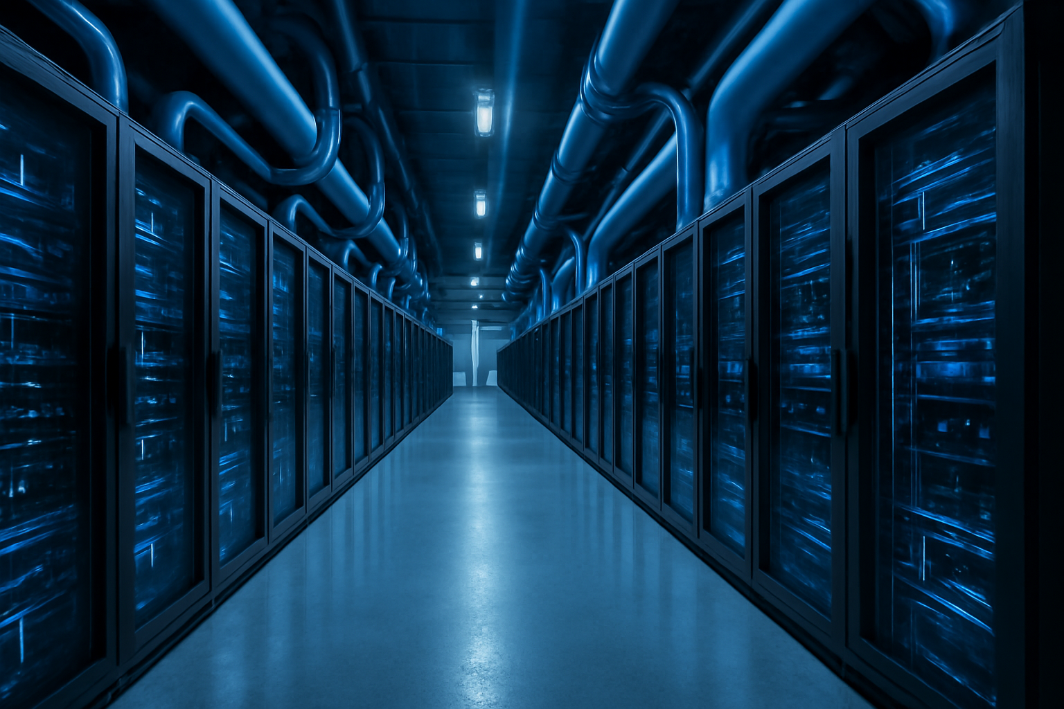 Rows of liquid-cooled server racks inside an AI data centre facility