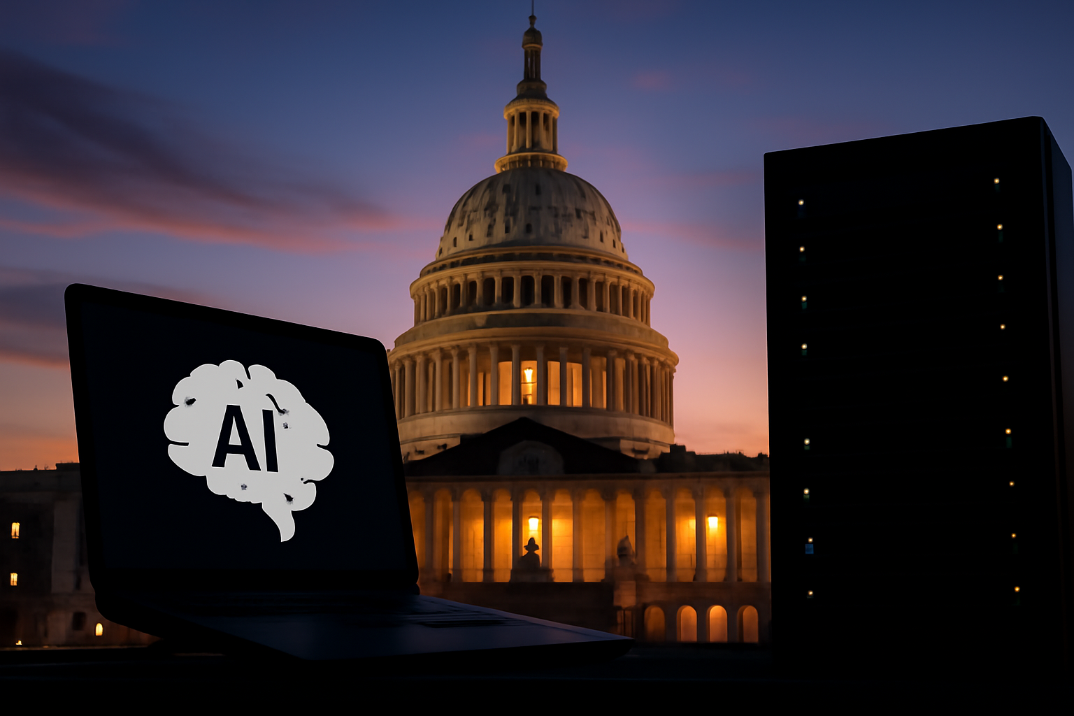 Capitol dome with a laptop displaying code in the foreground, symbolizing AI legislation