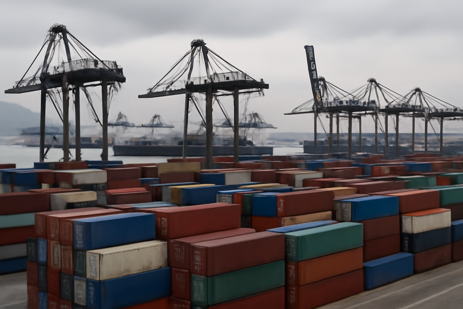 Shipping containers stacked at a Hong Kong port terminal near cranes and cargo ships