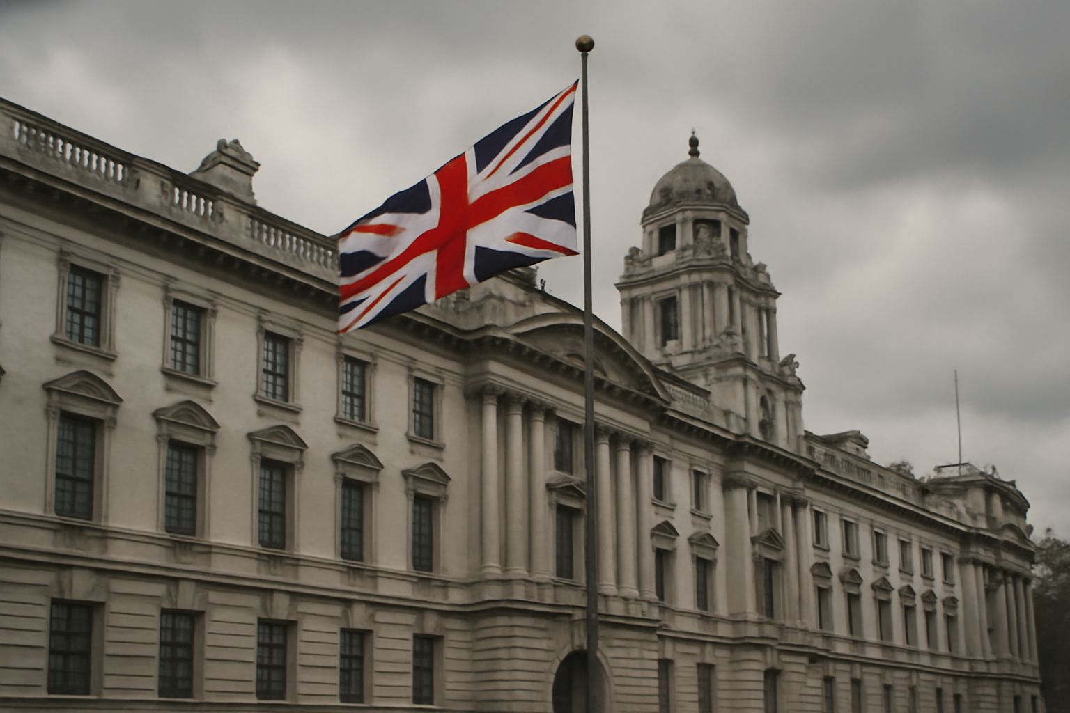 Exterior of a UK government office building with a British flag, symbolizing procurement policy