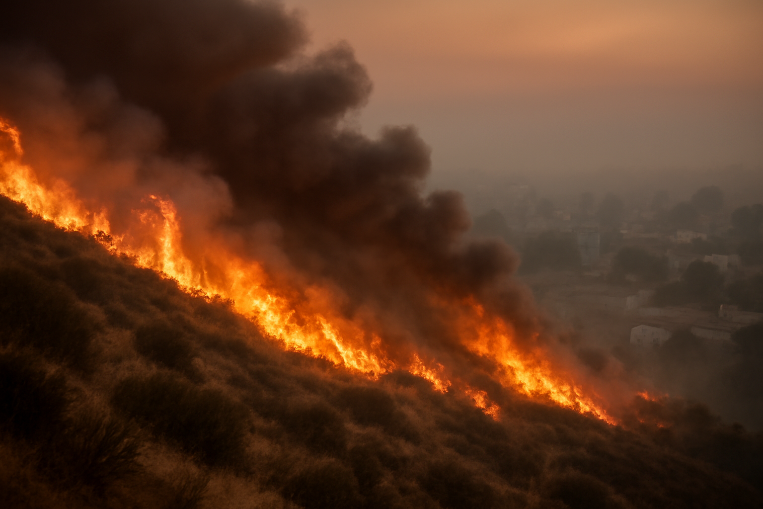 Orange County hillside wildfire with flames and smoke driven sideways by Santa Ana winds at dusk