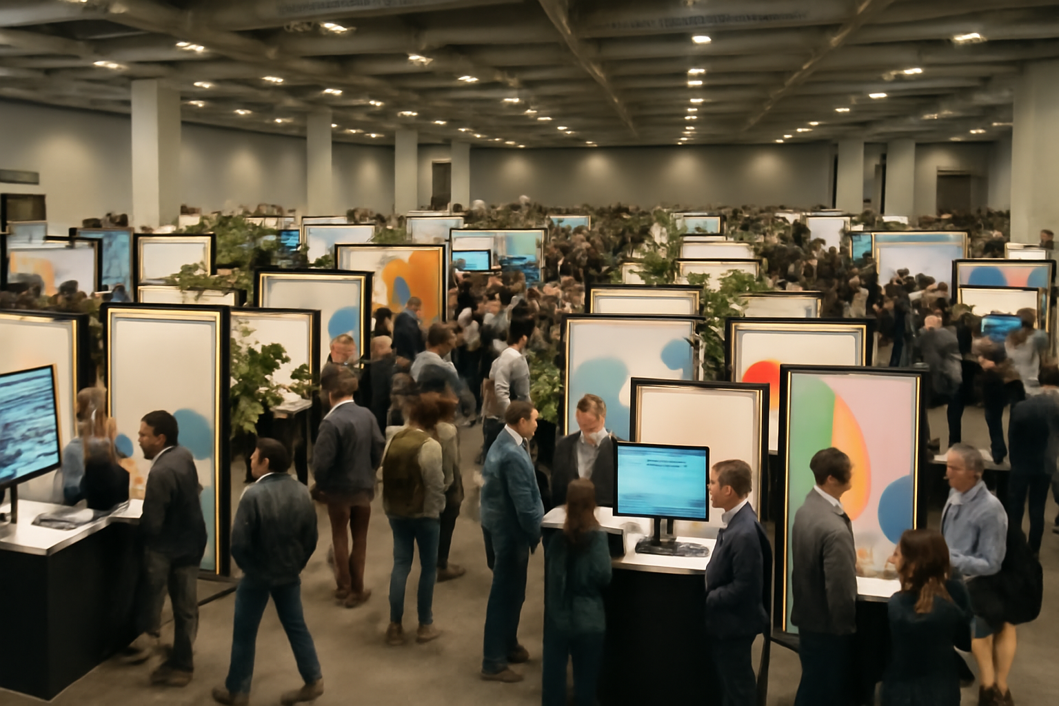 Exhibit hall floor with startup booths and attendees at a technology conference