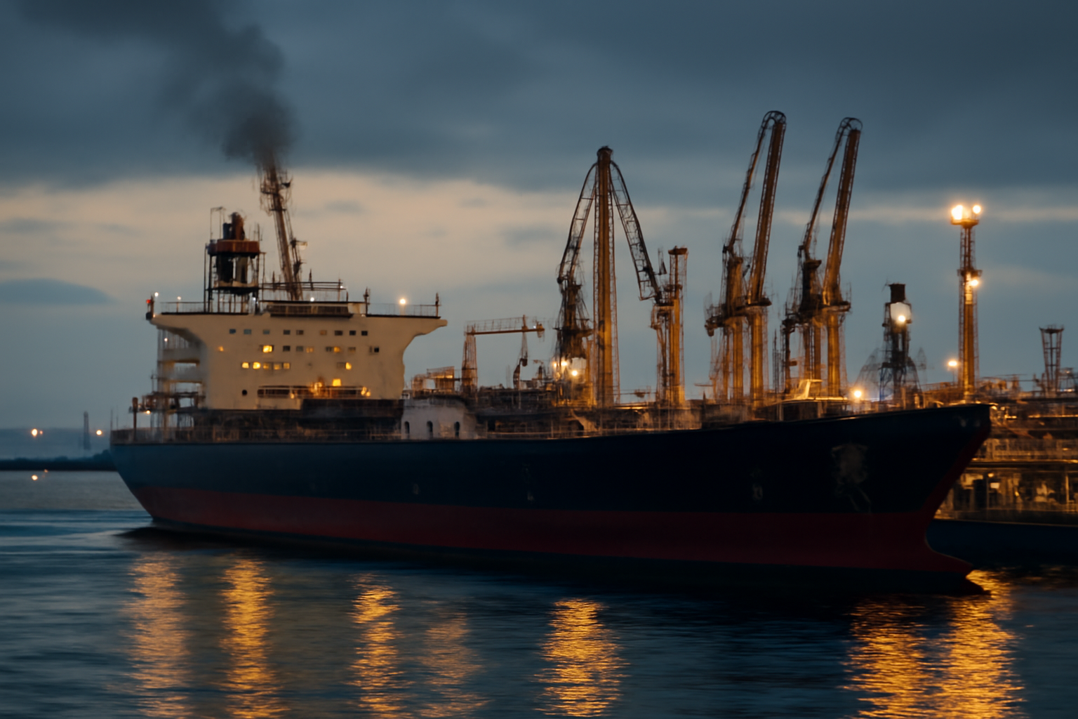 Oil tanker at a port terminal with Venezuelan and U.S. flags visible in the background