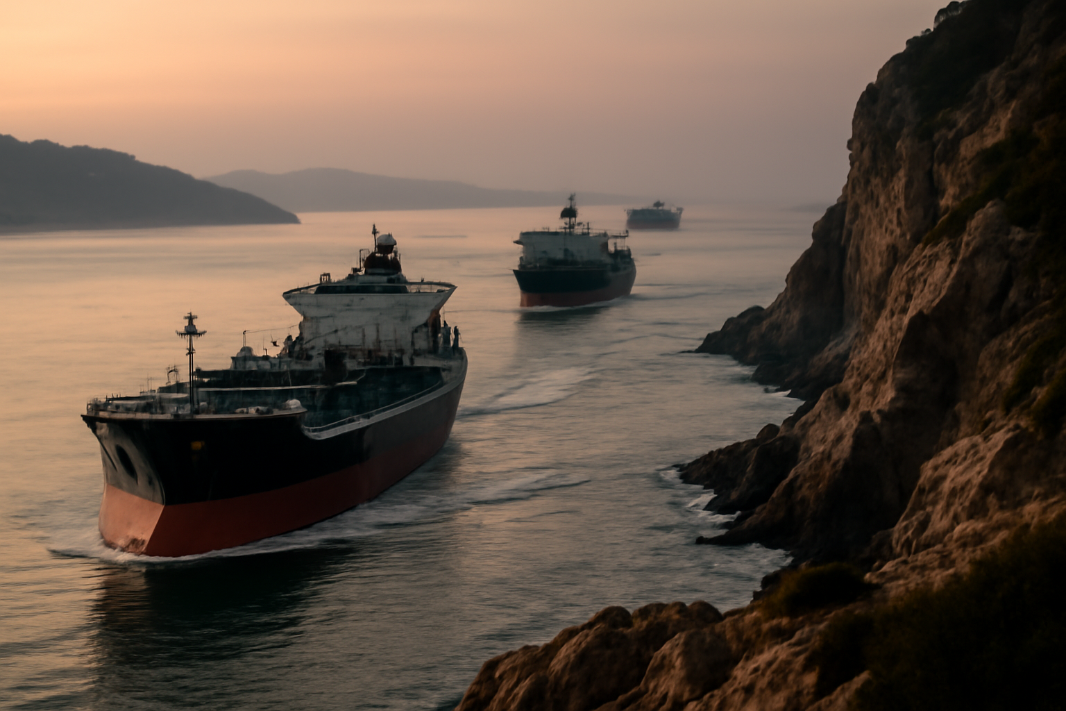 Cargo tanker ships lined up in the Strait of Hormuz waterway near rocky coastline