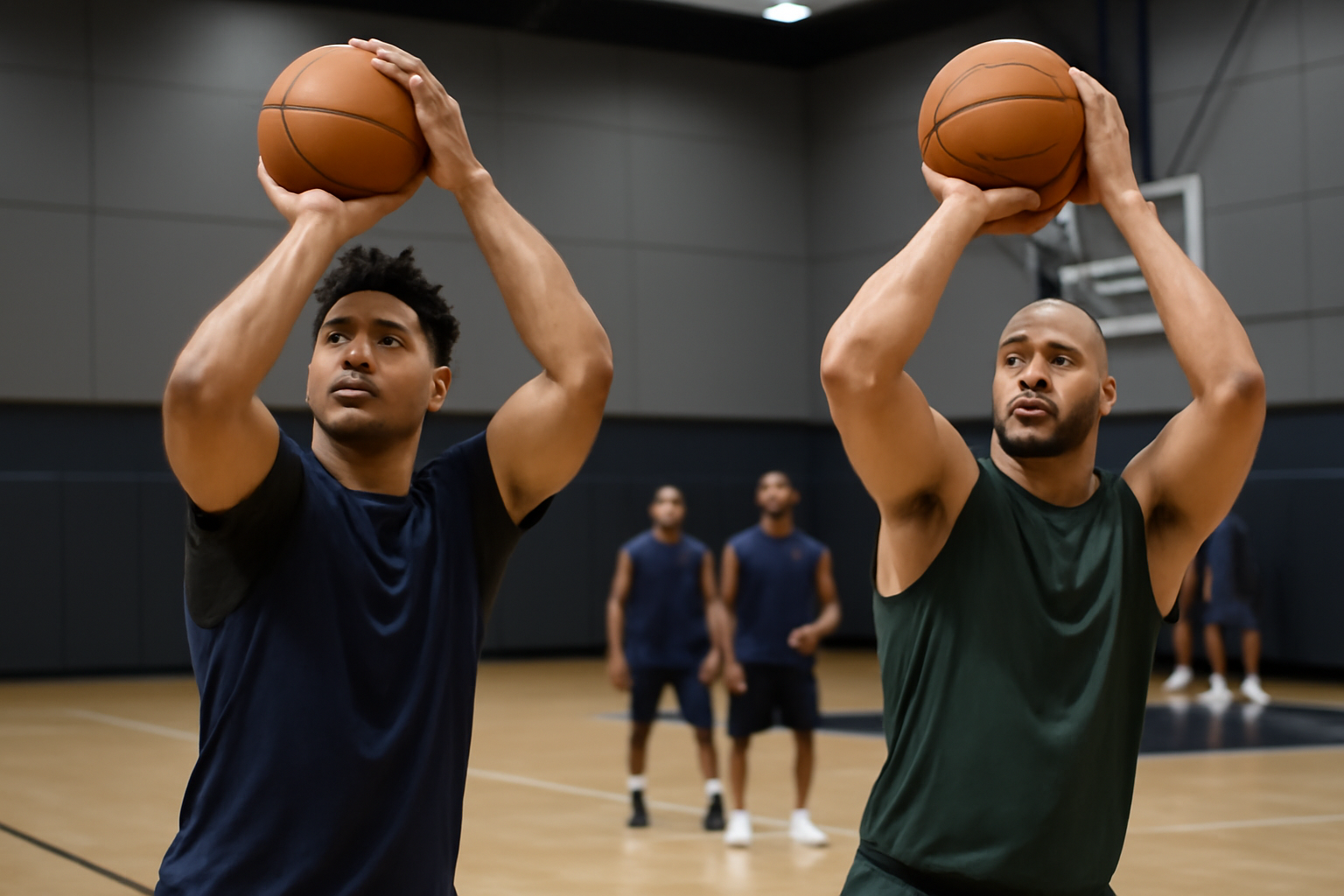 Two basketball guards in Minnesota Timberwolves practice jerseys shooting three-pointers around the arc during training camp