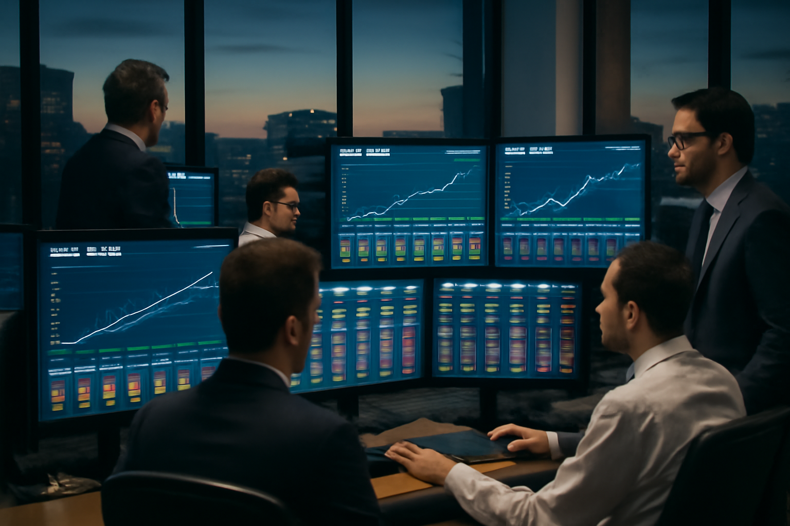 Bond traders monitor German and US government debt yields on screens in a European trading floor