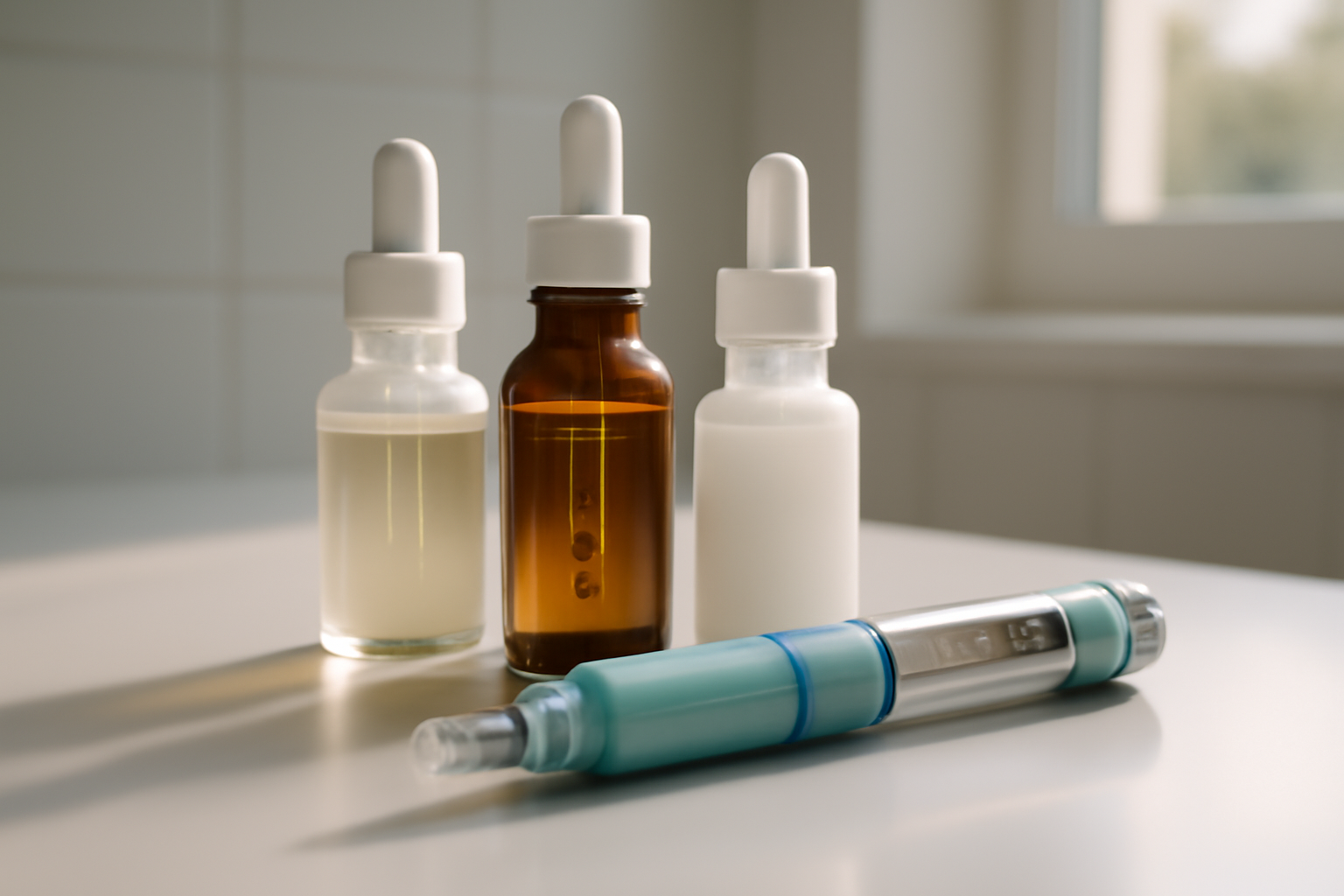 Skincare serum bottles arranged near a weight-loss injection pen on a bathroom counter