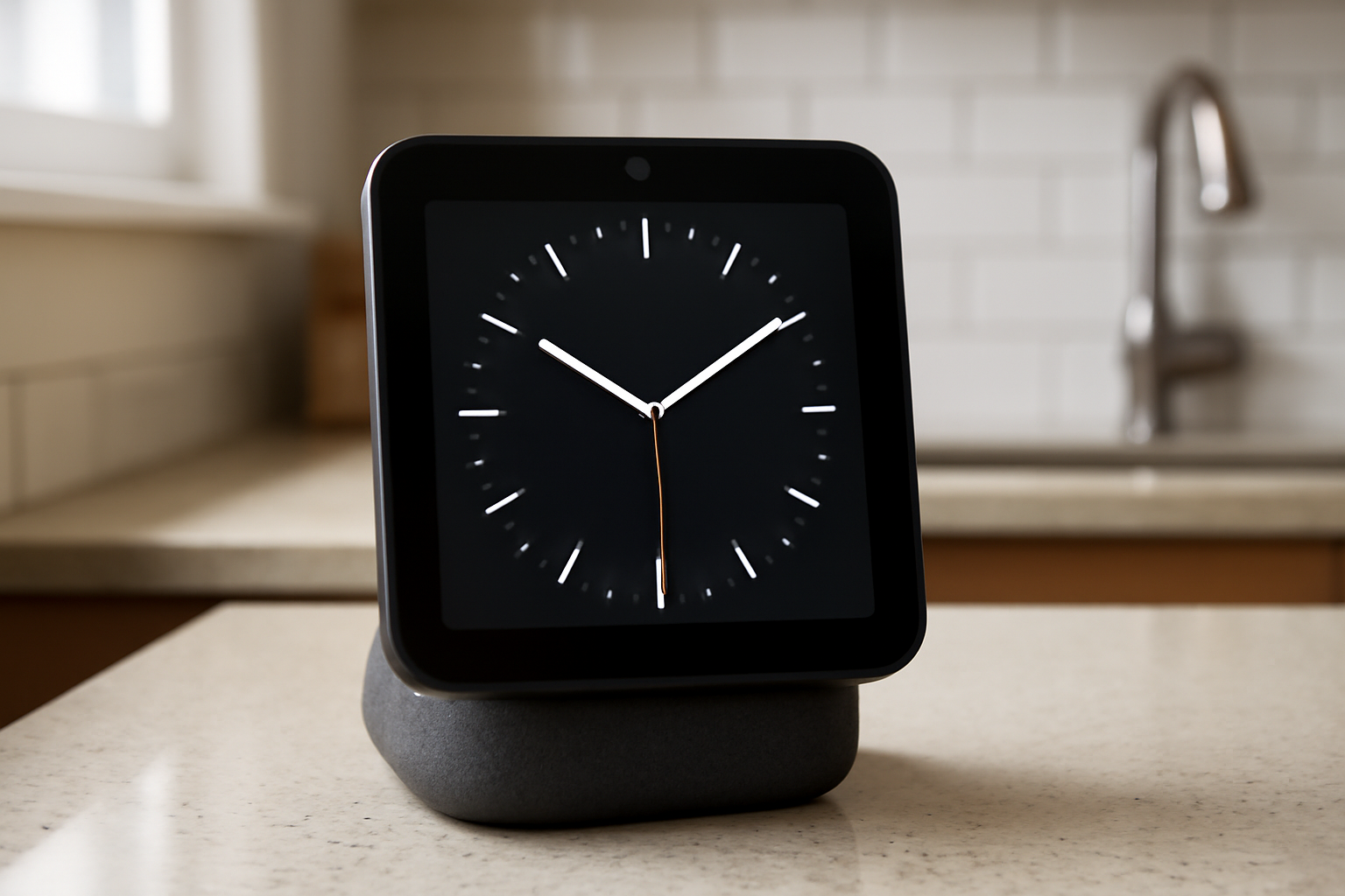 A 7-inch square smart display with a customizable clock face sits on a speaker base in a home kitchen setting