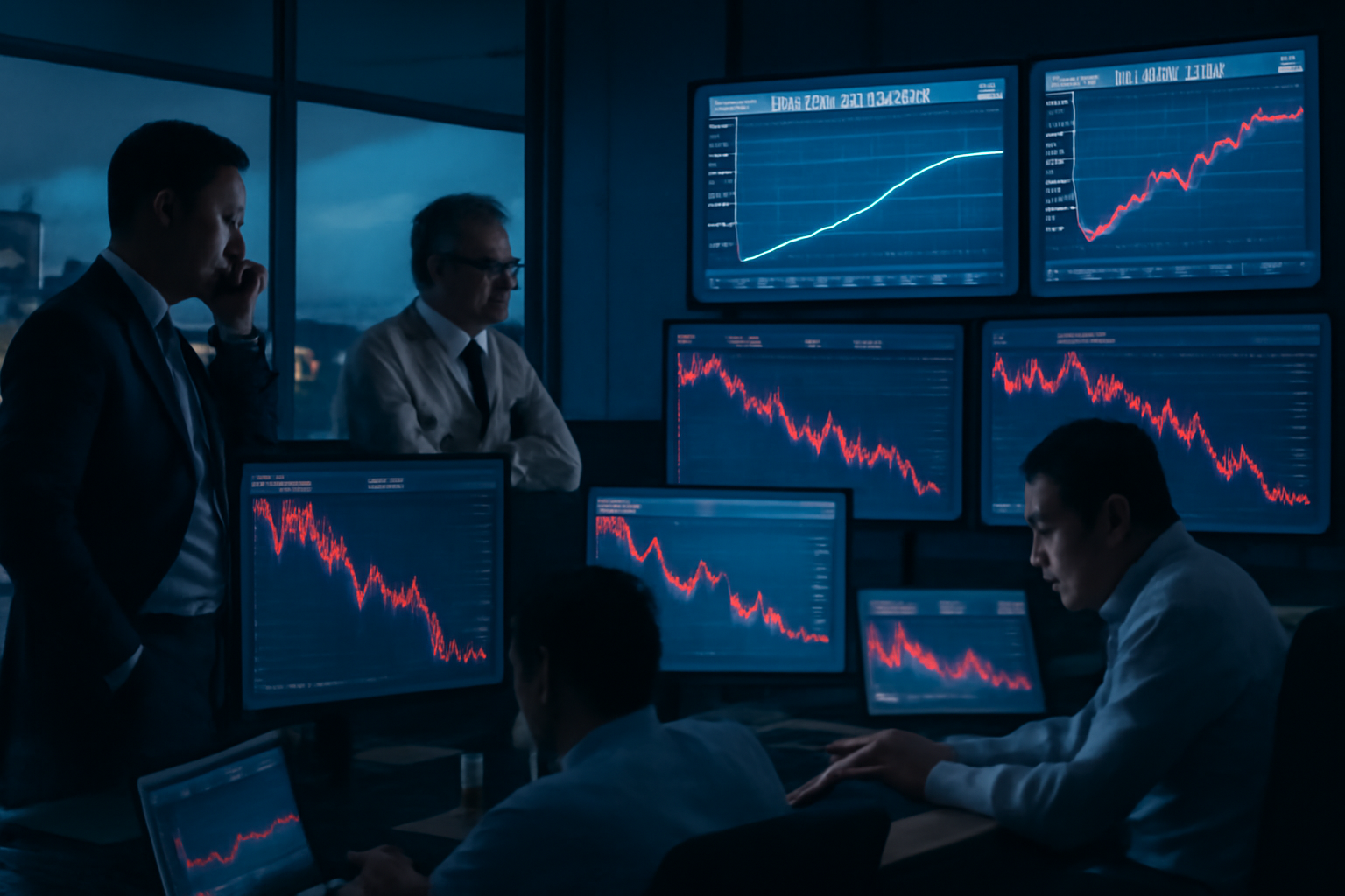 Trading floor screens showing government bond yield charts at dusk