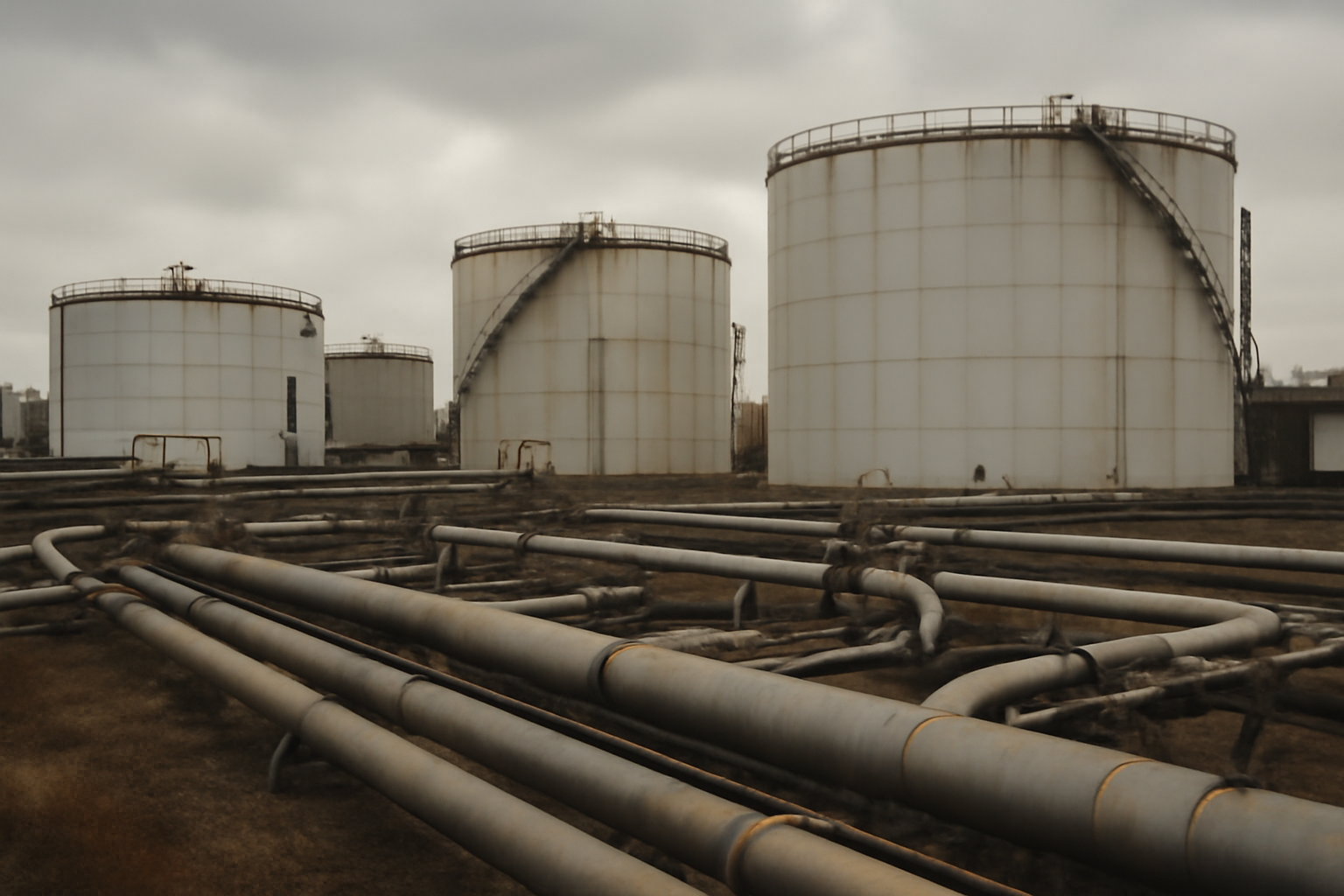 Diesel storage tanks and a fuel pipeline terminal under an overcast autumn sky