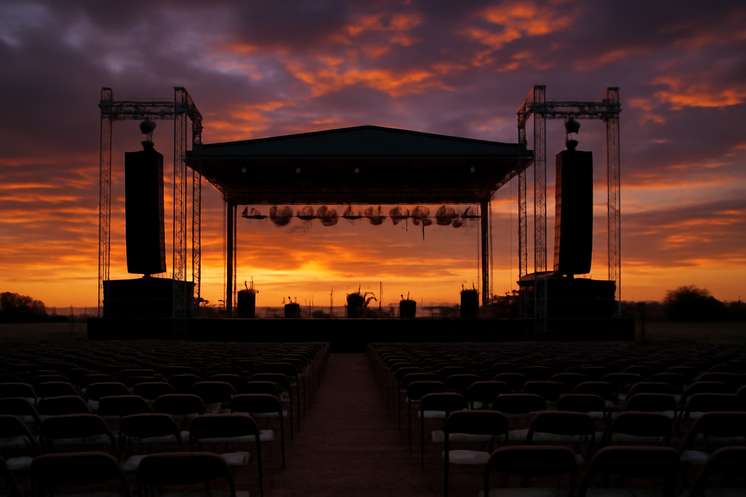 Outdoor concert stage set up at dusk with stage lights and empty rows of chairs facing forward