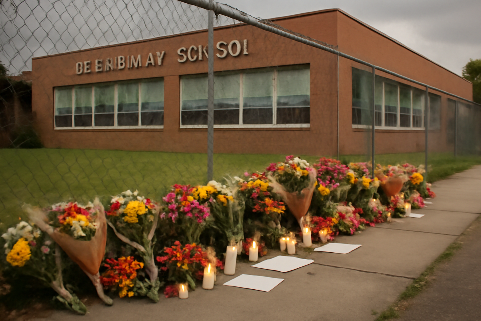 Flowers and handwritten notes left at a sidewalk memorial outside an Oregon elementary school