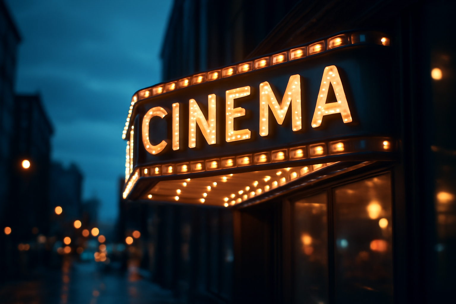 A dimly lit movie theater marquee showing a film title referencing a social media company scandal