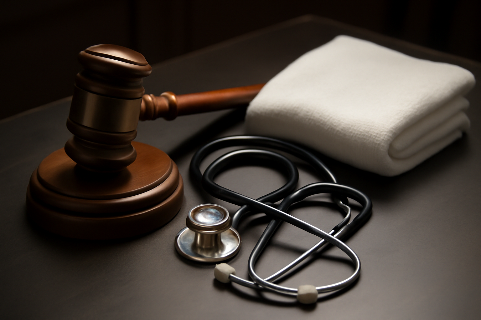Gavel resting beside a stethoscope and a small baby blanket on a courtroom table