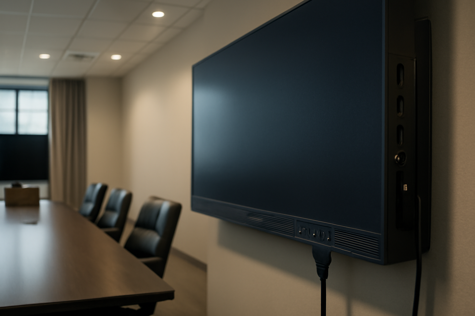 Television mounted in a corporate conference room with a USB port visible on the back panel