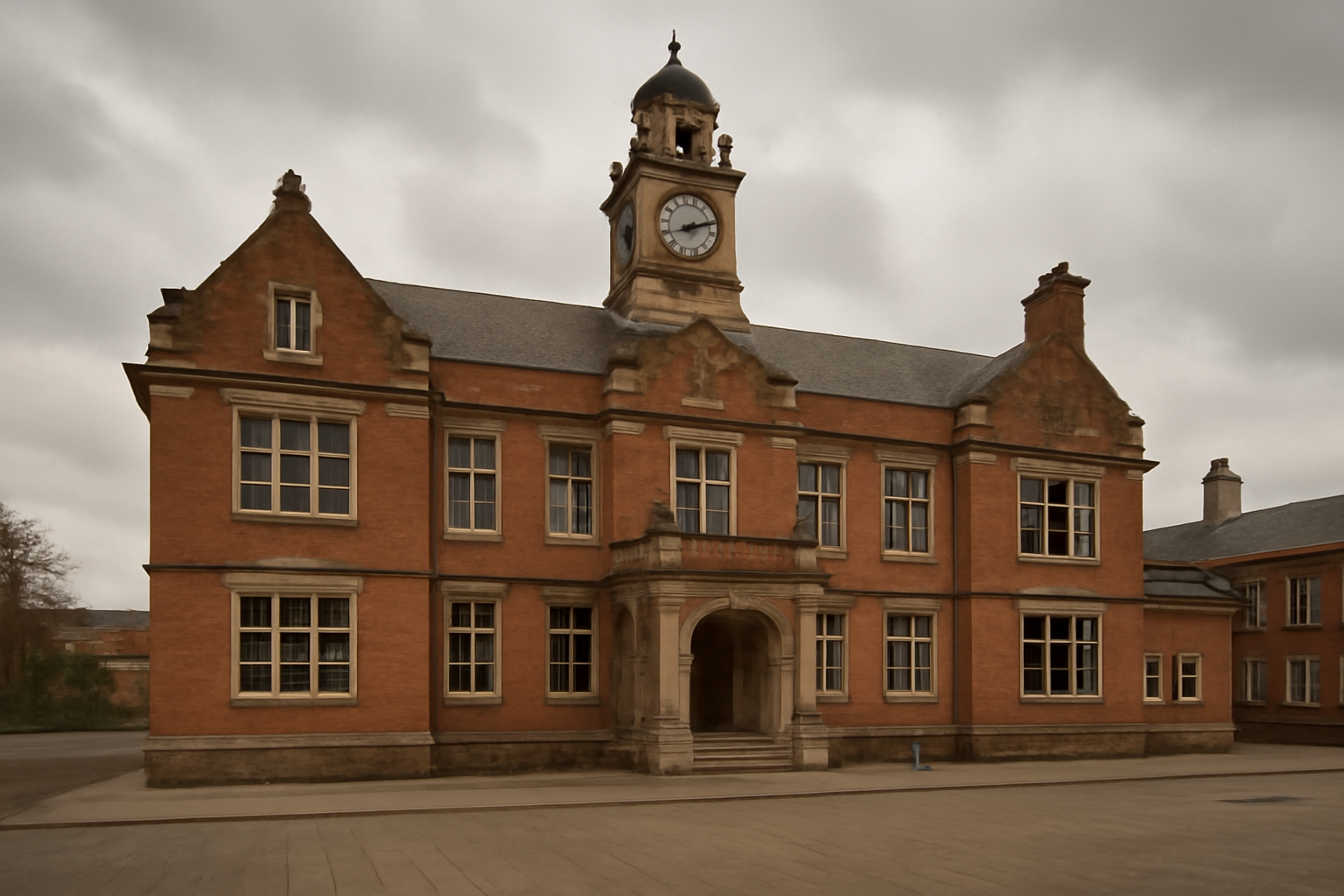Exterior of a British town hall building with a council chamber sign, overcast sky