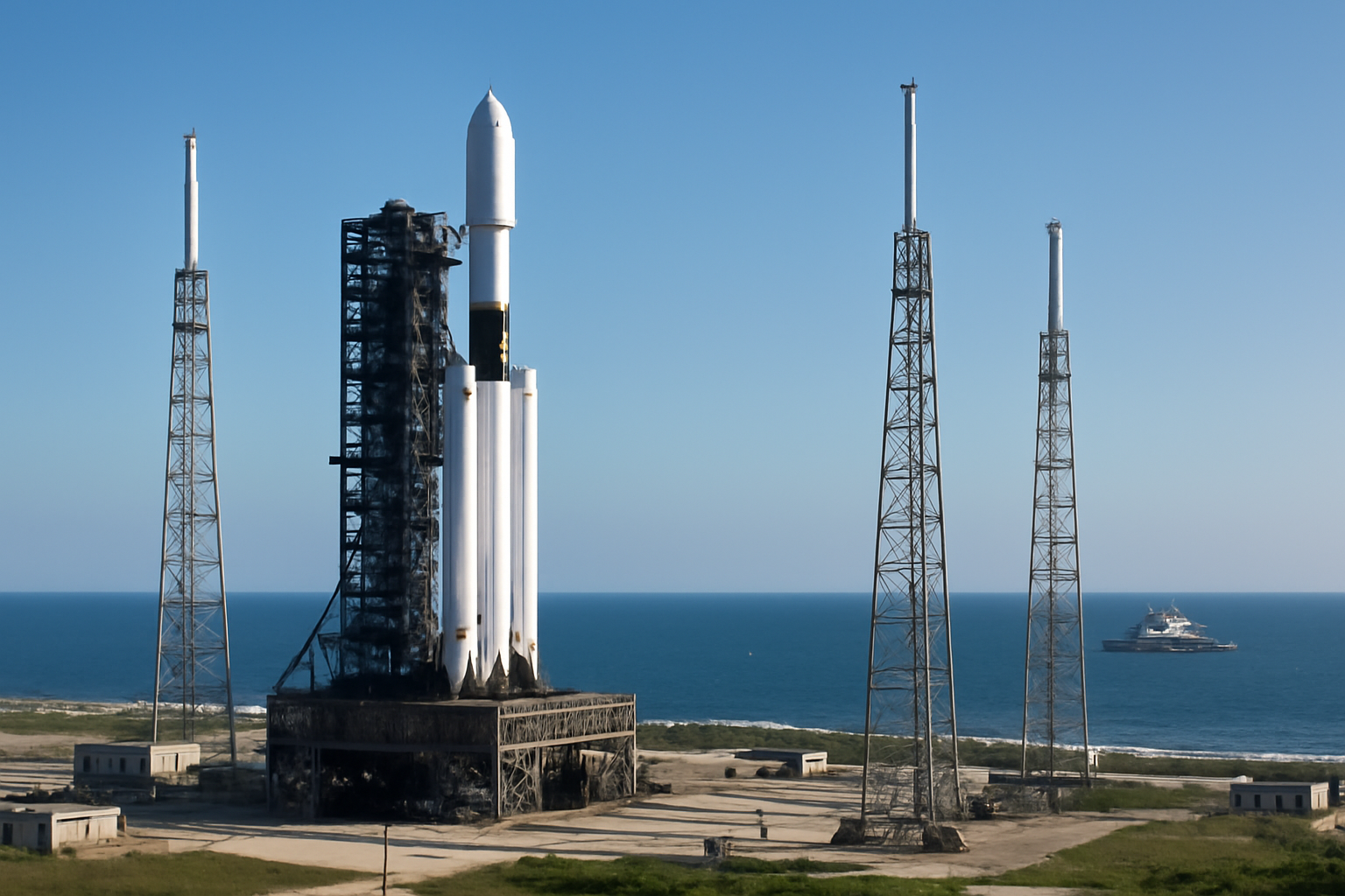 New Glenn rocket launch pads and support towers under construction at Cape Canaveral