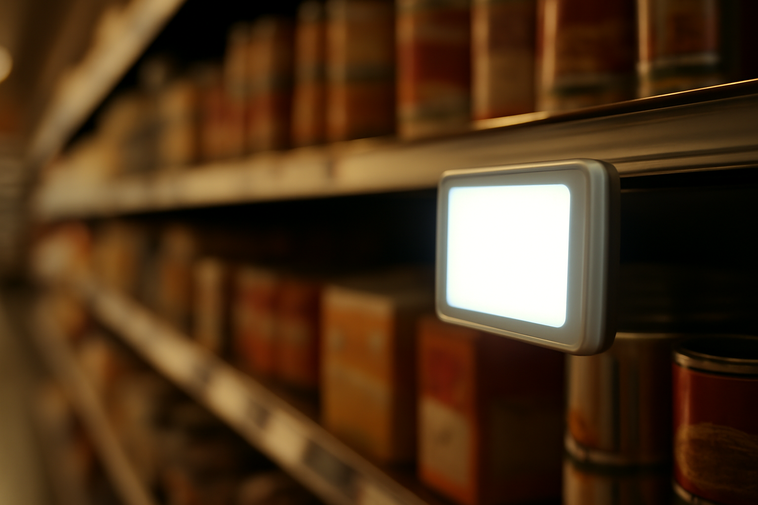 Digital price label glowing on a grocery store shelf edge beneath packaged goods