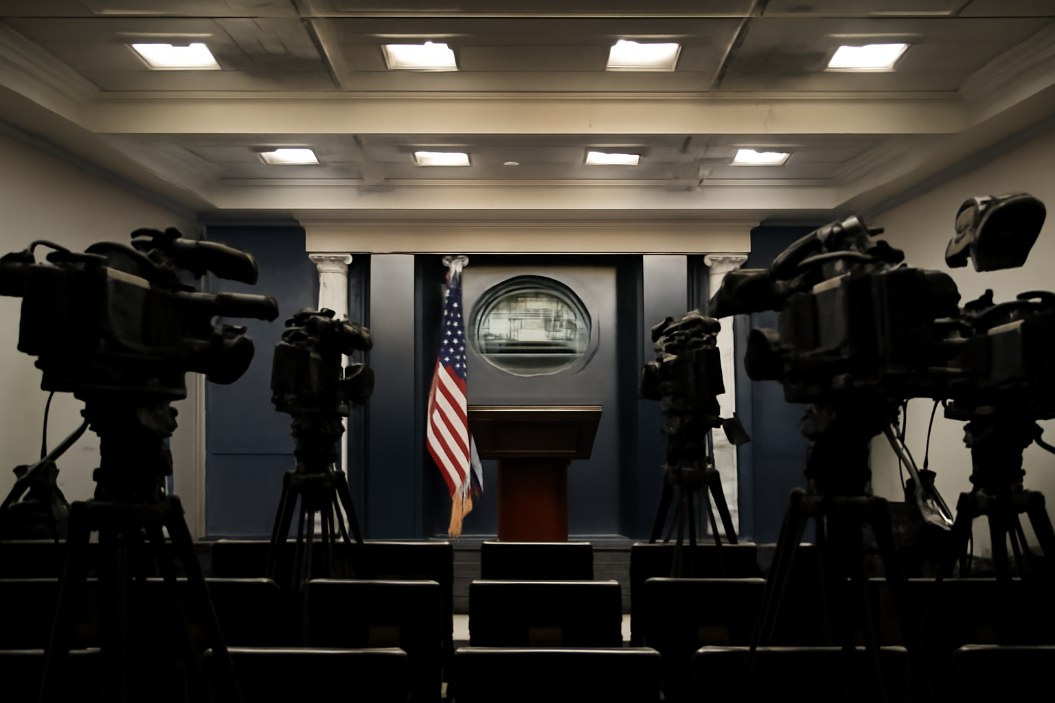 White House press briefing room with television cameras and empty anchor desk