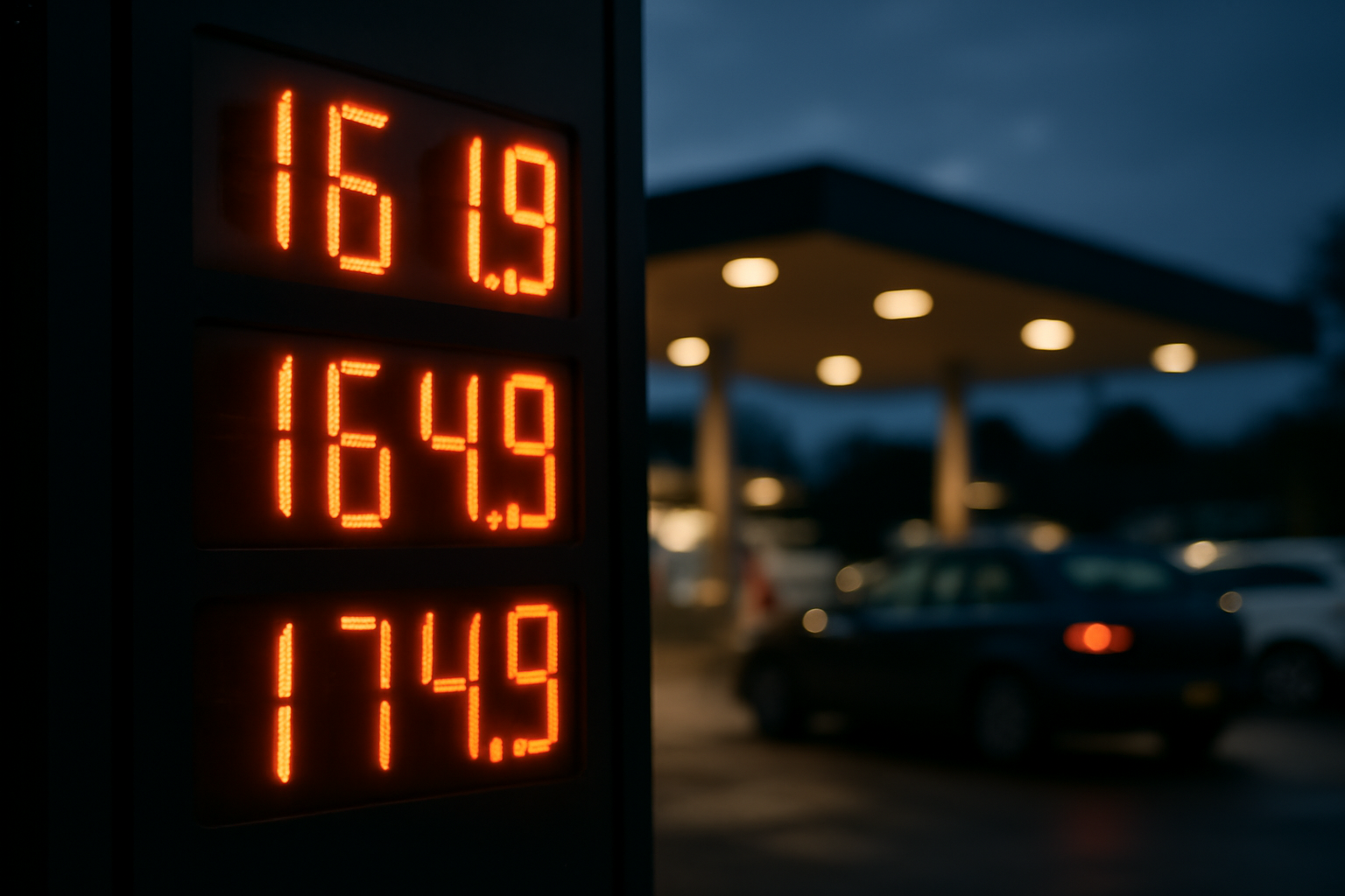 A fuel station price sign displaying rising per-liter costs in British pounds at dusk