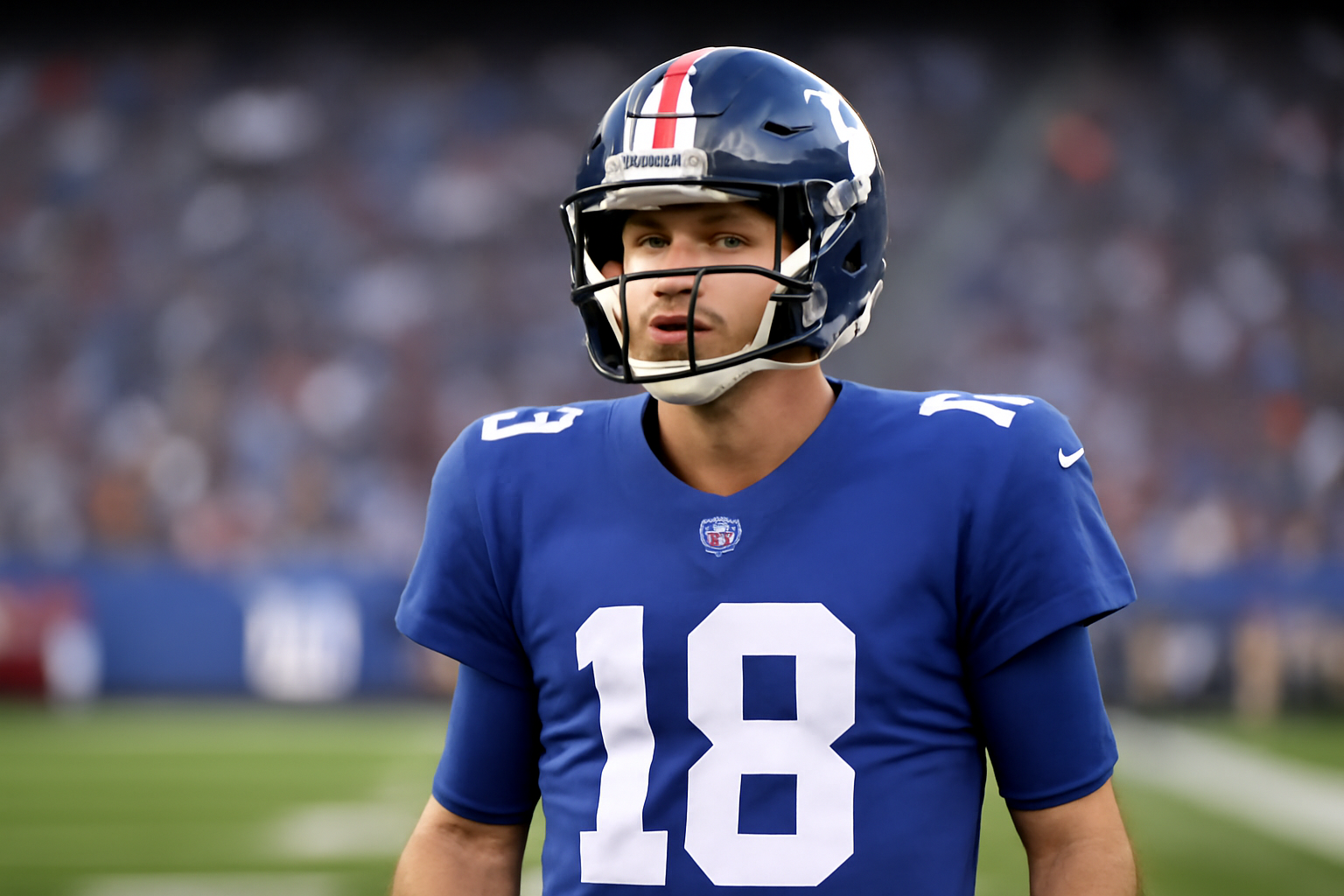 New York Giants quarterback jersey number 18 displayed in team locker room