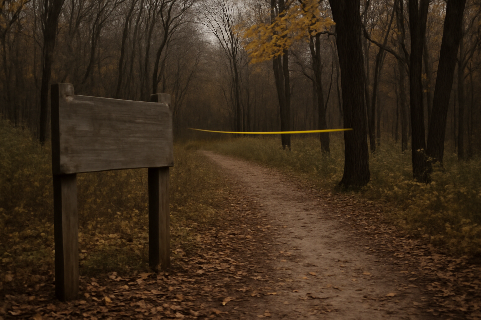A wooded nature reserve trail in Iowa under overcast sky with yellow caution tape near a trailhead