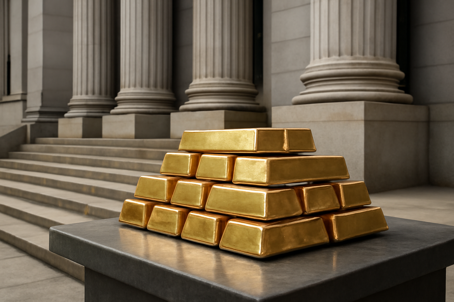 Stacked gold bars beside the exterior steps of a federal courthouse