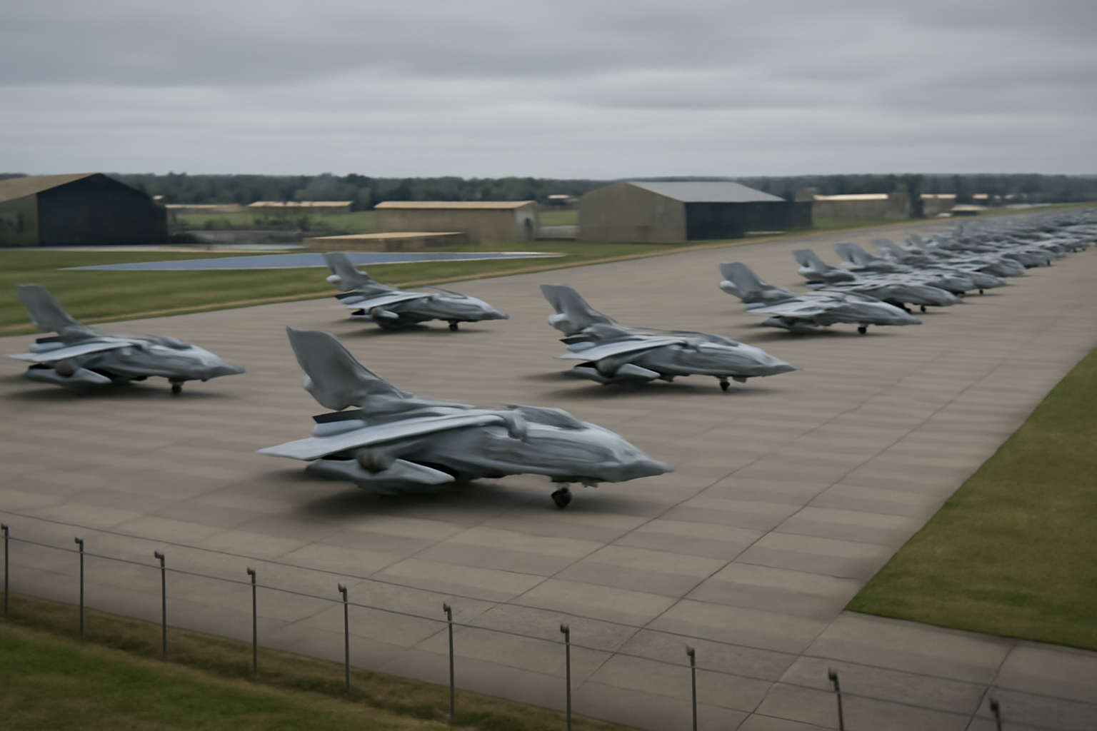 Rows of military aircraft parked on tarmac at a British air base under an overcast sky