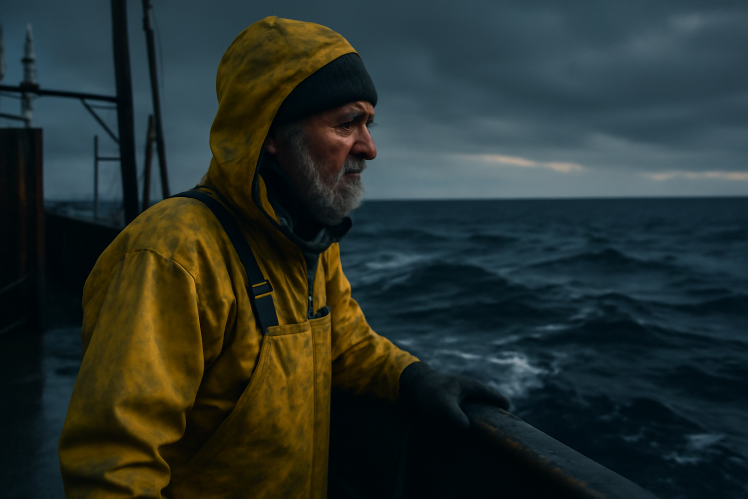 A fisherman in rugged gear stands on a boat deck at dusk scanning dark water