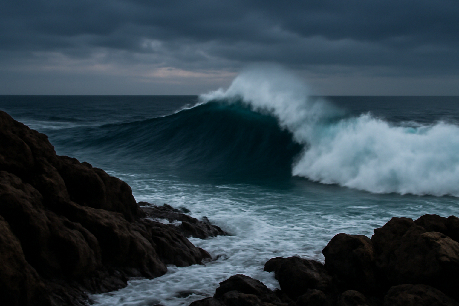 Ocean swell rolling toward a West Coast shoreline under an overcast sky