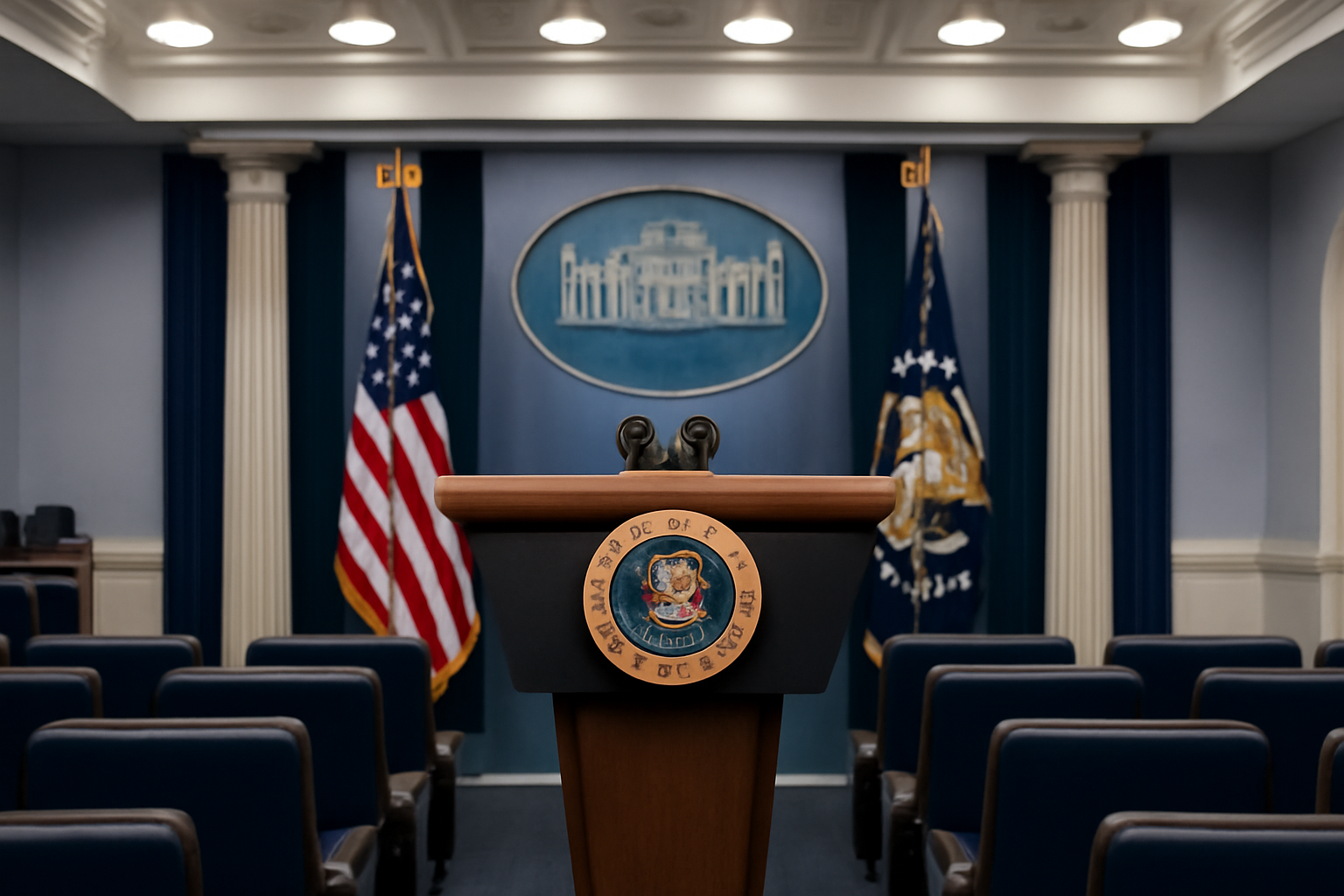 White House press briefing room podium with microphones, empty ahead of a briefing